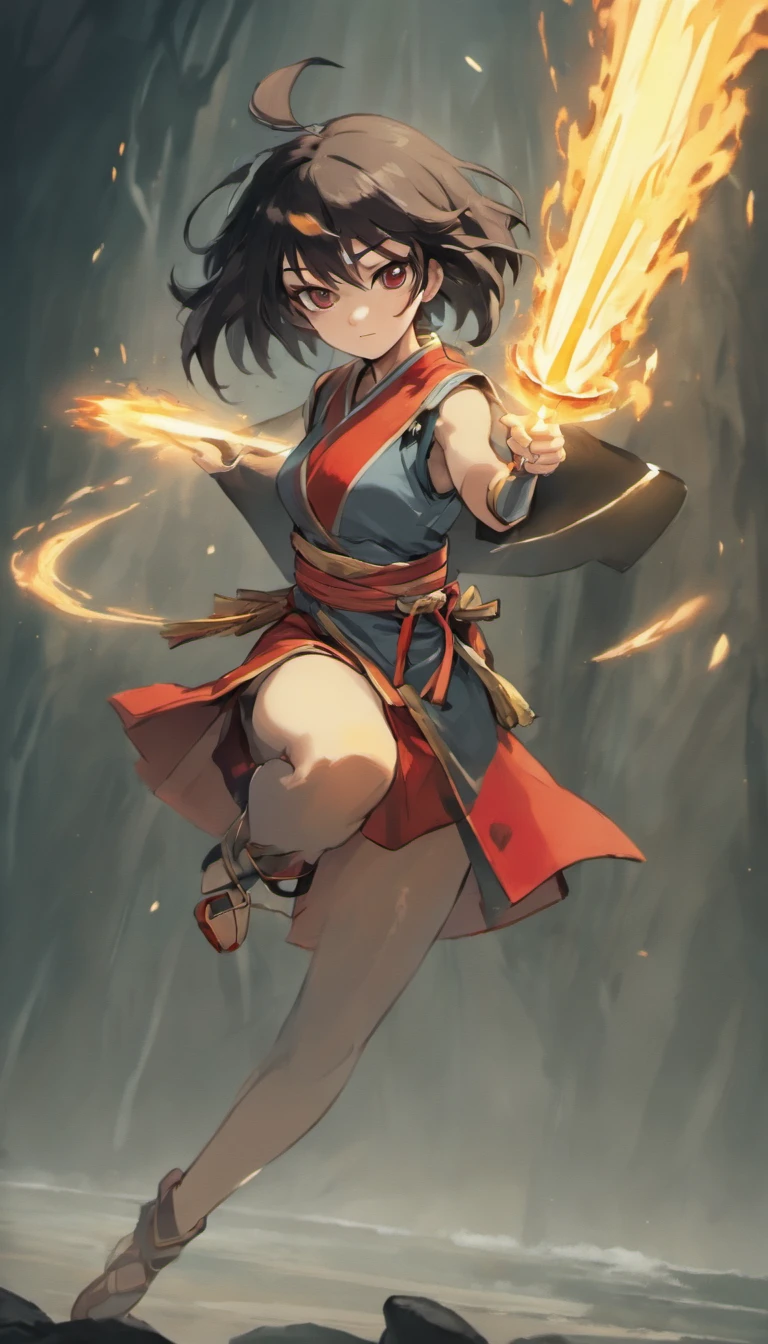 The expression is a smile. Produce a Hispanic black hair female martial artist costume designed in shades of white and black. Give this image a dynamic feeling of fire and wind. Next, add a combat outfit (raw legs or tights) designed to accentuate the lines of the body (mini-skirt or spats) and give it a special touch with metal accents and belts. Further, combine accessories with gold or silver armbands, a cape without a brim, and matching rings or earrings. Finally, emphasize the martial artist's strength and charm with sharp eyeliner and a deep red lip. Dynamic poses: adopt poses that show the energy and movement of a martial artist, such as fists thrust forward or raising one leg to replicate the action of a kick. Location: an ancient stone dojo with a thick mist in the air. It is surrounded by old stone statues and bamboo forests, with a cascading waterfall in the background. The place has a mystical and historical atmosphere that complements the martial artist's costume and dynamism.