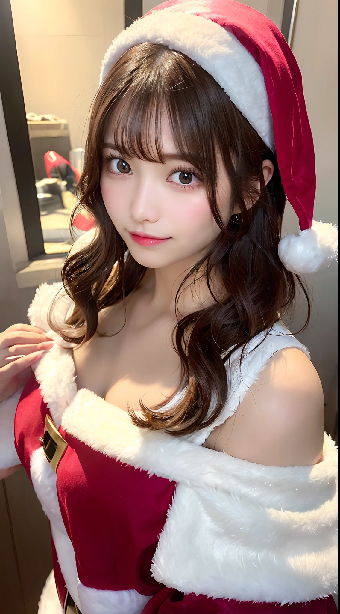 1girl in ,((Santa Costume)),tits out, wide open cleavage,(( Character Play)),((Christmas)) ,  (dark hair of different lengths),((looking to camera)), High resolution,Highly detailed, looking to camera,appearance々Posing, (Black wings)