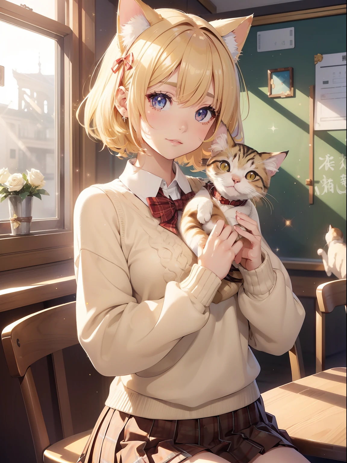 masutepiece, High resolution, 8K, anime woman, Delicate and detailed writing 、Detailed digital illustration、Short hair、perm、Shiny hair、Bangs、a very beautiful woman、Eyes are double, Large, Bust is D cup、High image quality, High quality、Detailed background、The inside of the eye shines like a diamond、Light yellow hair、Gradient pupil、(((2 arms、4 fingers, 1 thumb)))、Detailed female face、Very beautiful and cute woman、、细致背景、masterpiece、Soft Focus , Bright gradient watercolor , Lens Flare , (((Glitter))) , Glow , Dreamy , Yellow Ribbon、Very beautiful yellow rose hair accessories、、(School Uniforms:1.2), (wearing a beige knitted sweater over a white shirt,,,,:1.3), (Plaid pleated skirt:1.3),(((1girl in,1cat))),(((Cat's ears、Sexy Cat Costumes))),(((Holding a cat)))