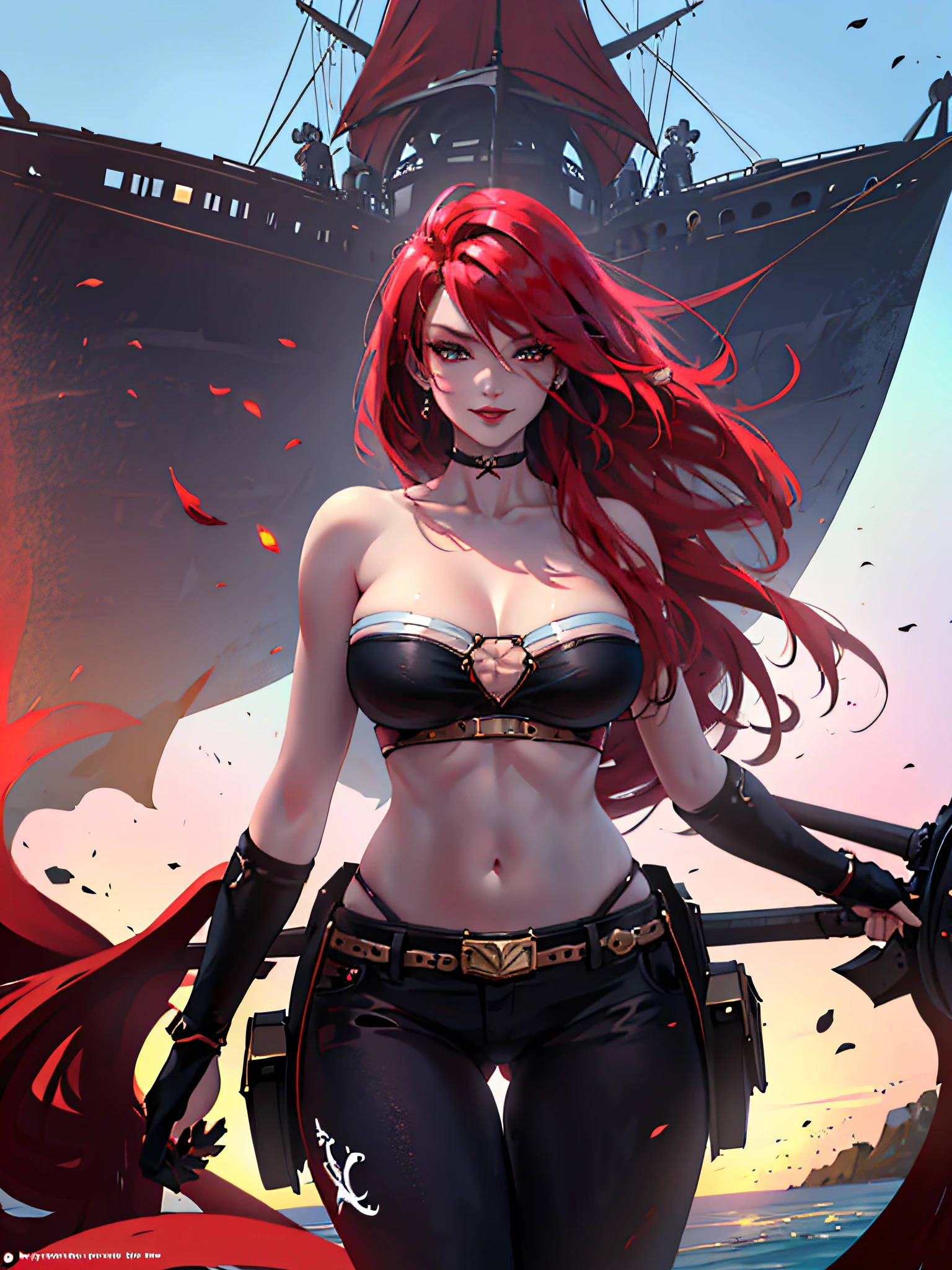 Miss Fortune, holding twin pistols, devilish smile, penetrating gaze, large and voluminous red lips, long blood-colored hair, short white shirt with black neckline and support, perfect breasts, sculptural fitness body, full body, black pants that follow the curves of her body, In the background pirate ships, murky waters, {extremely detailed 8k CG unit wallpaper}, expansive landscape photography, (a centralized view with focus on the character and setting), (wide view of open field ), (high angle shot), (high light: 1.6), (low light: 1.6), (warm light source: 1.8), complex details, (iridescent colors: 1.5), (bright lighting), (atmospheric lighting ), Dreamy, Epic, Sarah Fortune Miss Fortune