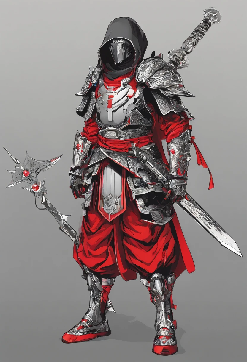 Sacerdote Guerreiro, His two hands are holding two large dark blades that scrap the ground, corpo inteiro, 2 red lights are coming from your eyes, estilo fantasia sombria, Roupas e armaduras tingidas de preto, With a hood that's masking your face