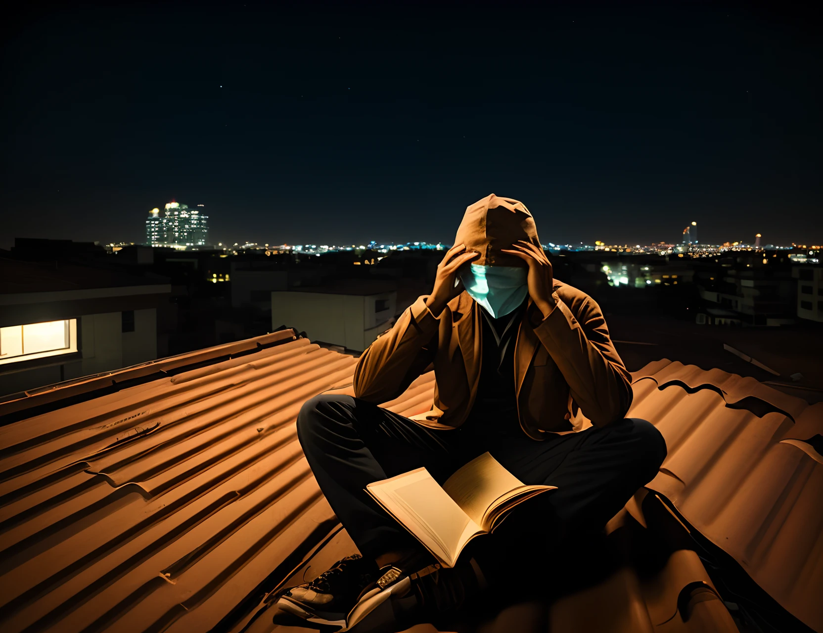A young brown man with a paper bag covering his face on a roof at night sitting with a book in his hand