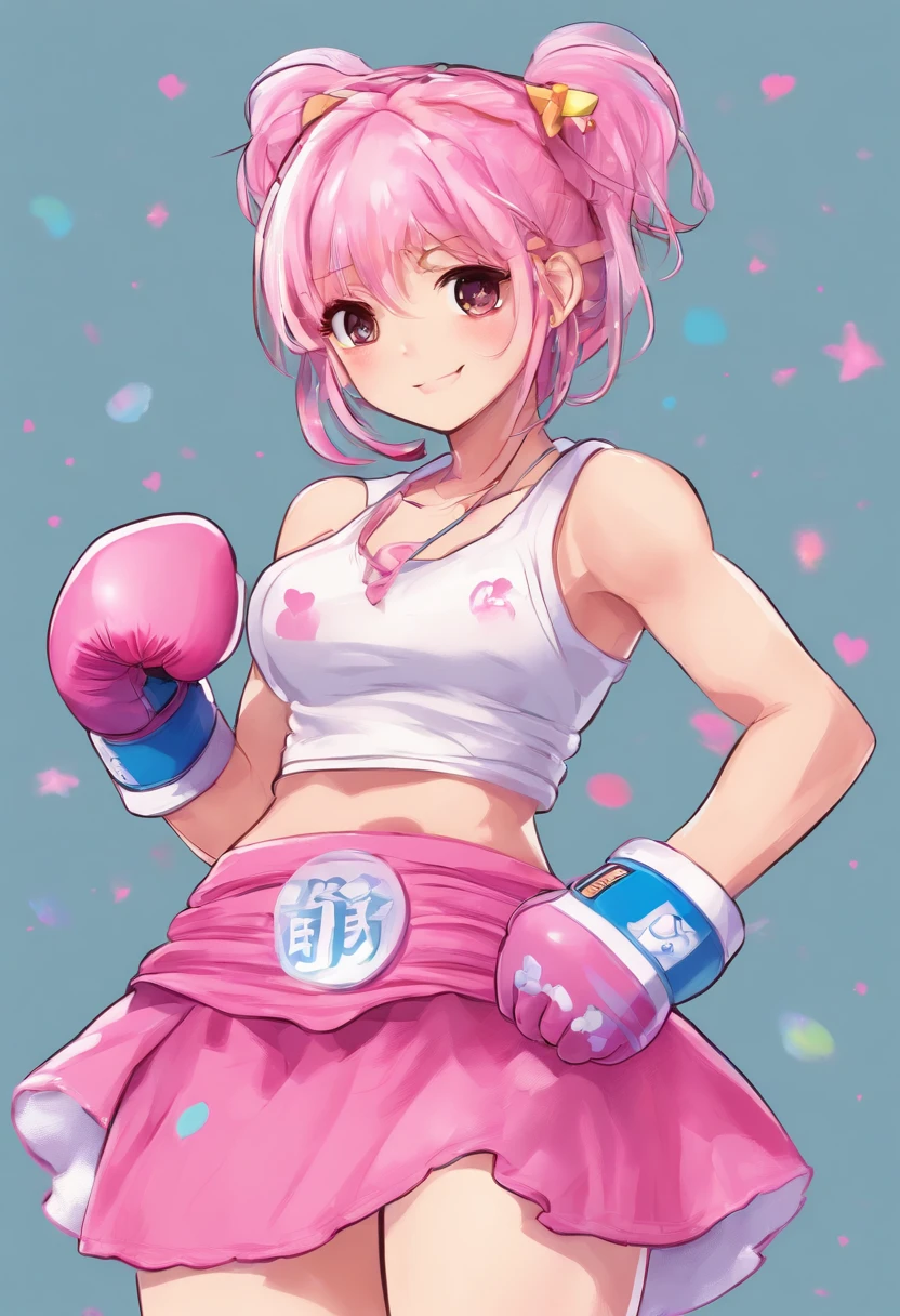 A cute girl with skirt boxing in pink gloves blushes deeply