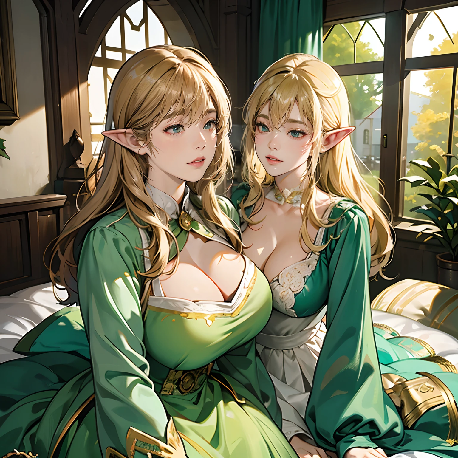 Women in Their 20s, 2 females:2.0、offcial art, unity 8k wall paper, ultra-detailliert, beautifly、Aesthetic, masterpiece, top-quality, Photorealsitic, Female Elf、Dark green eyes、blondehair、Braids:2.0、Pointed ears、Dark green costume、Light green blouse、Gold Brooch、golden hair ornaments、Big magic wand:2.0、Big bag、depth of fields, Fantastic atmosphere, Calm palette, tranquil mood, Soft shading、Ruins in the forest、Ruins covered in vegetation、Crumbling stone statue、Green Tree々、Beautiful Landscapes、bbw、Huge breasts、very large breast、plump figure、Shining Fairy