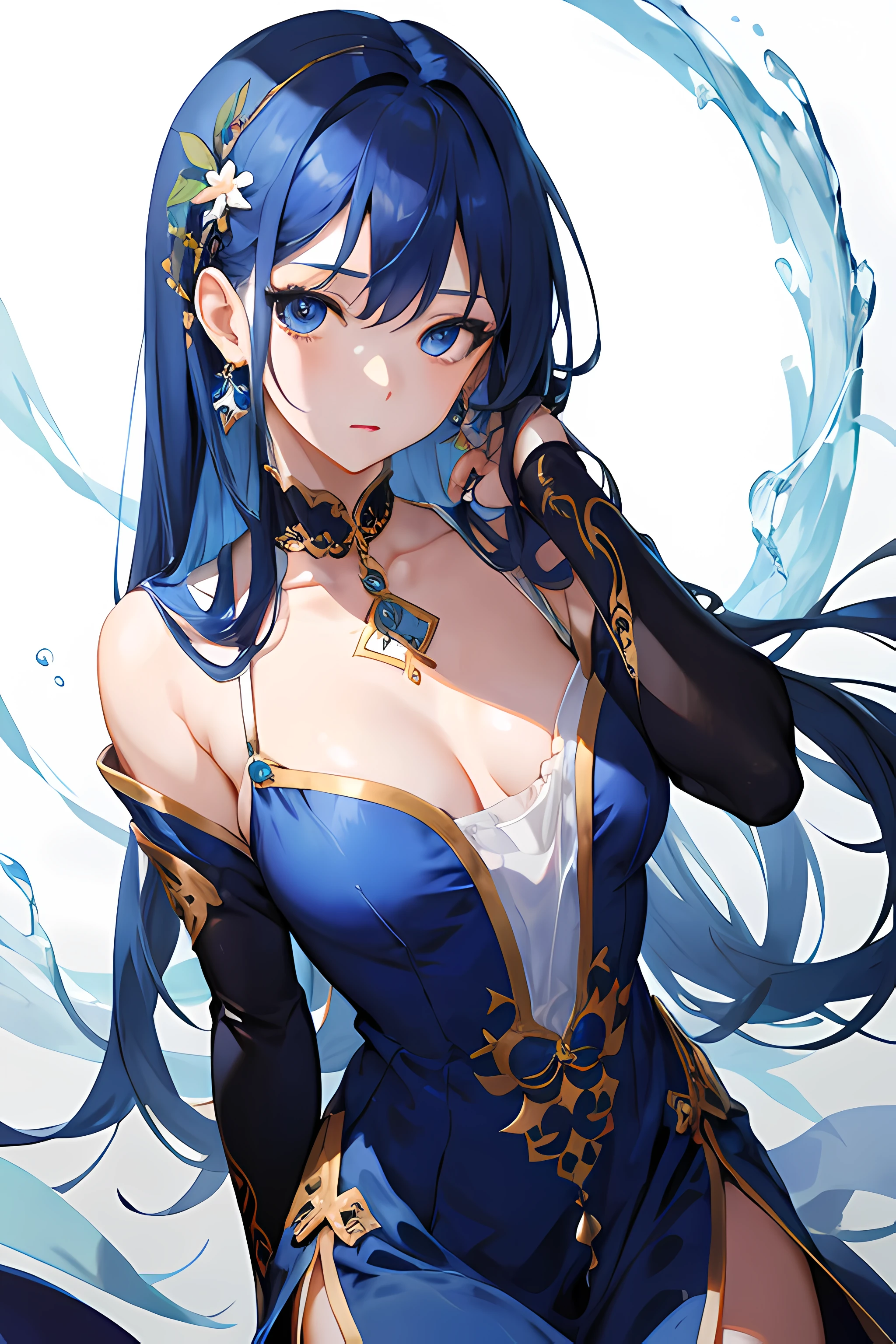 (masterpiece), best quality, expressive eyes, perfect face, 1 girl, blue hair, blue eyes, (blue dress), (ao dai), (silk dress), choker, plain background, sexy