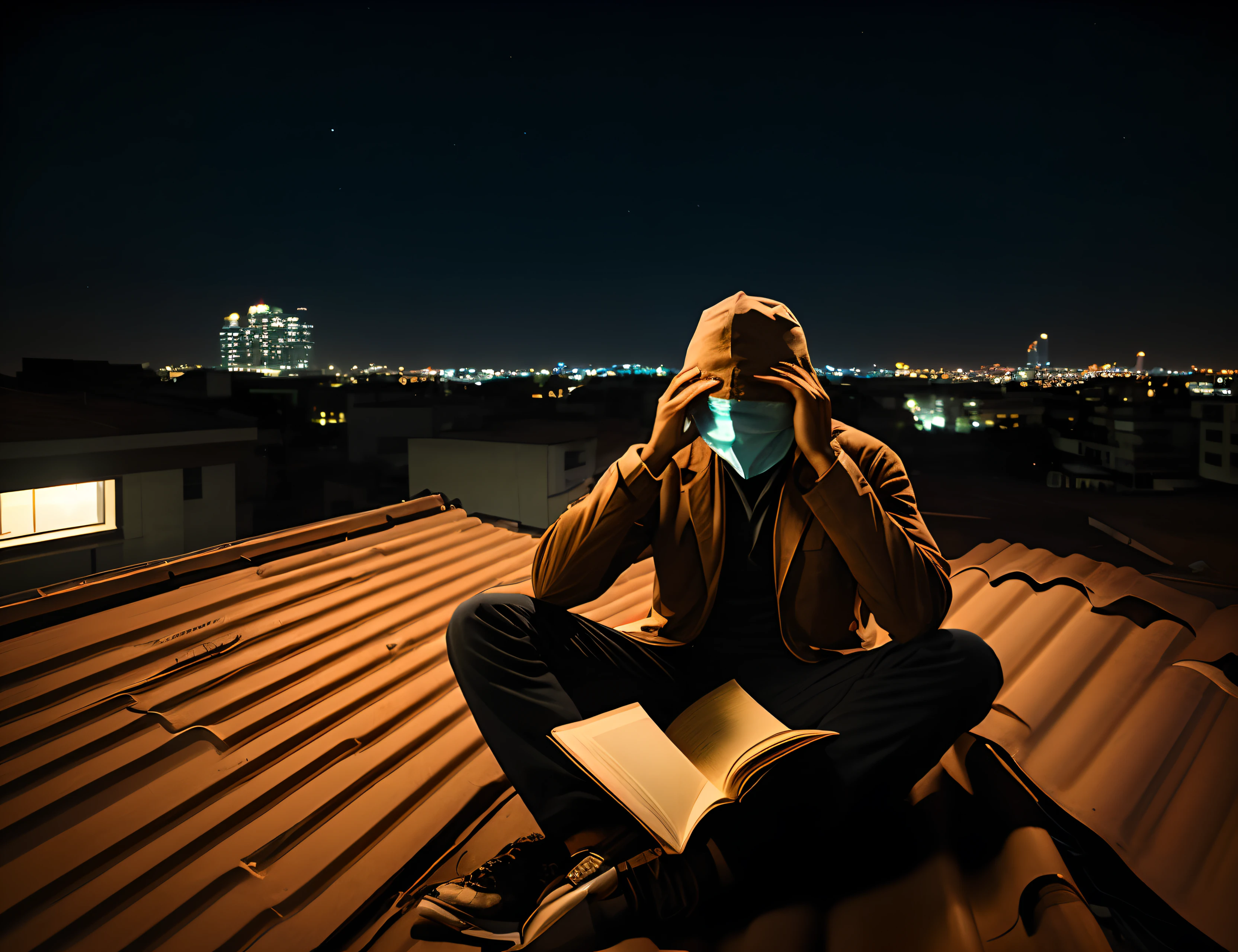 A young brown man with a paper bag covering his face on a roof at night sitting with a book in his hand