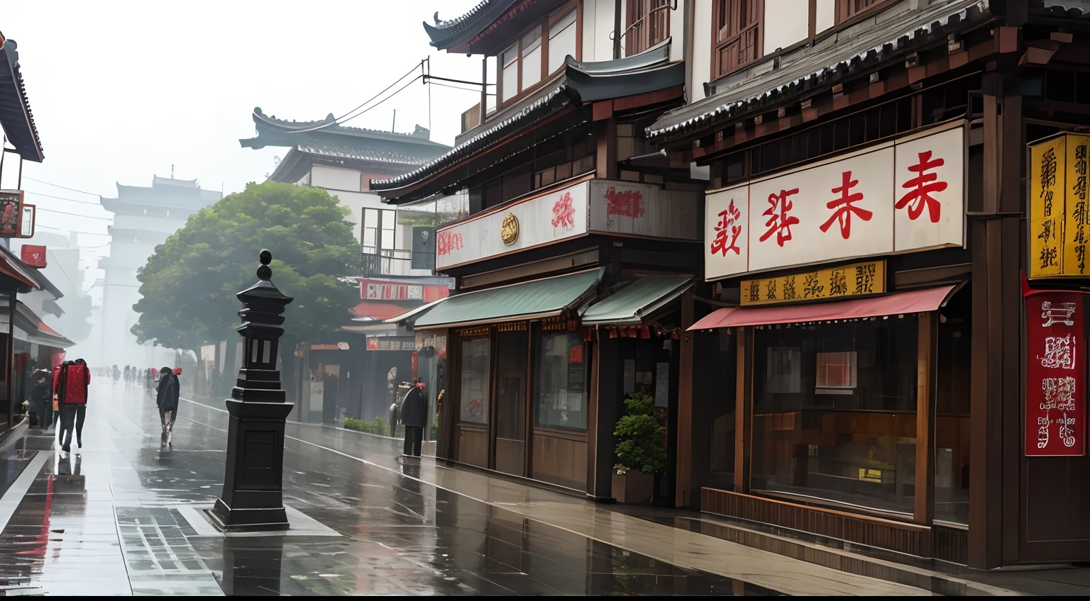 A chinses street while raining, statue of kistune