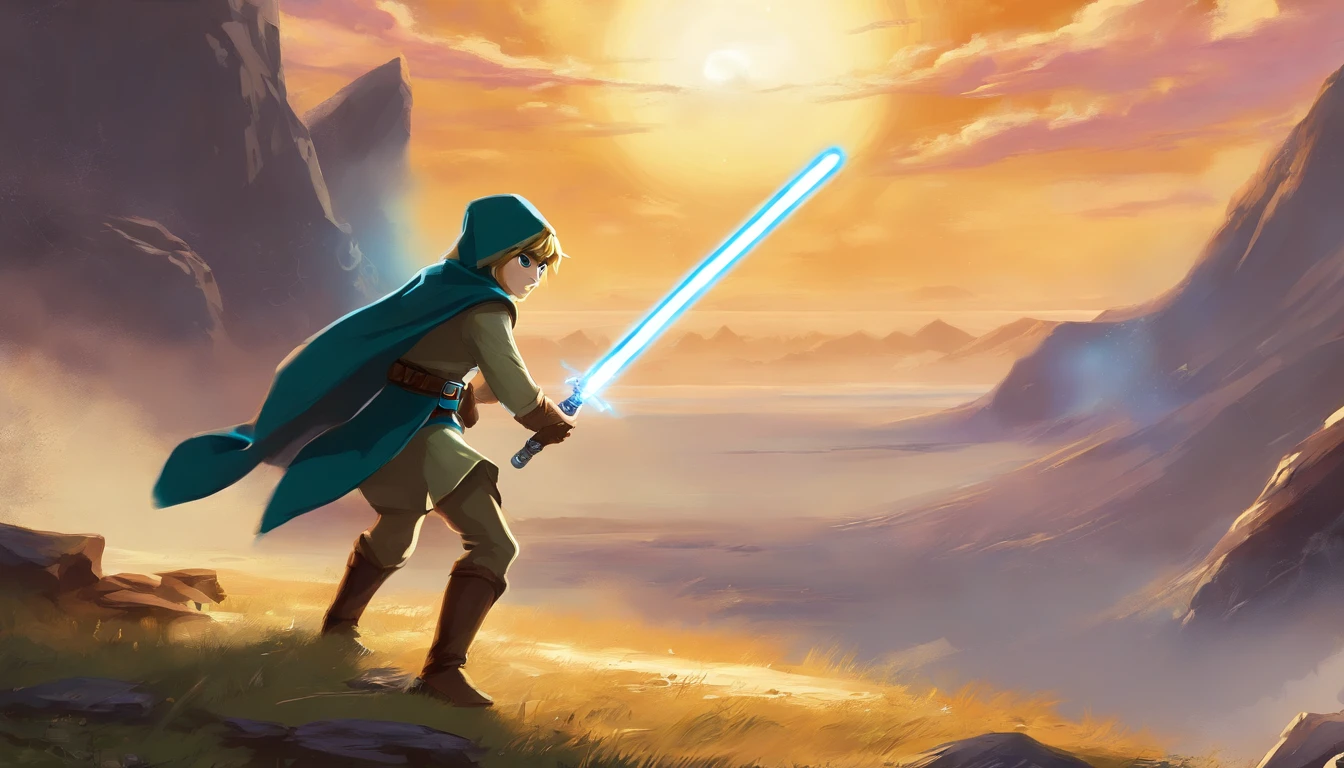 (Link from the legend of Zelda) dressed as (Luke Skywalker from Starwars) , holding a lightsaber running through a Starwars scene