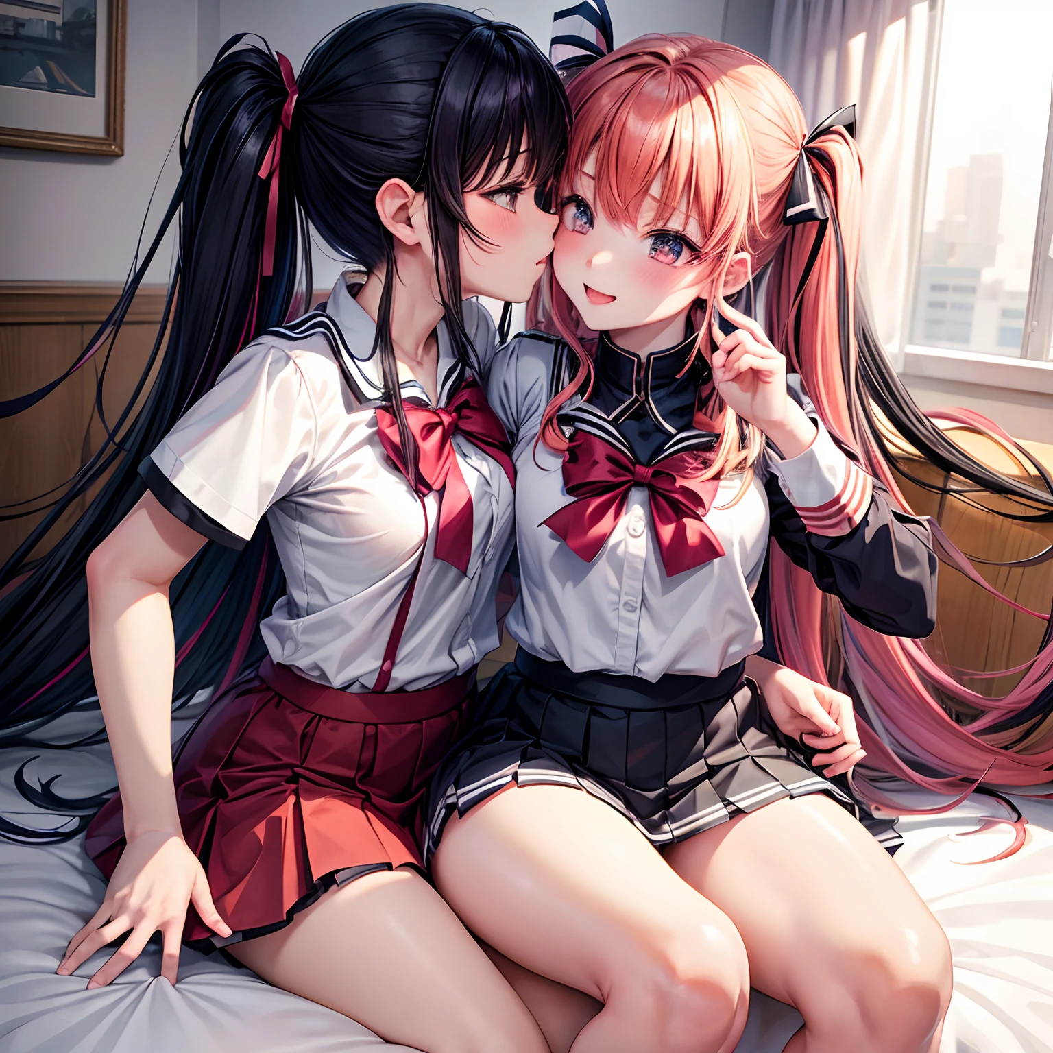 (The 8k quality, Highly detailed, masutepiece, Ultra-detailed),(２girl with)、18year old,Blazer Uniform,a miniskirt,lyin in bed,,(((Kiss on the cheek)))、(Hugging from behind)，Putting Hands in Pantys,Touching the chest with your hands,Push each other、Half-open lips、Beautiful、A look of bewilderment,red blush(0.2)、Functional、seductiv、Trance、instigate、Beauty、bustup、Dramatic light、precise drawing、Detailed drawing、Precise anatomy、(No Underwear),beatiful backgrounds