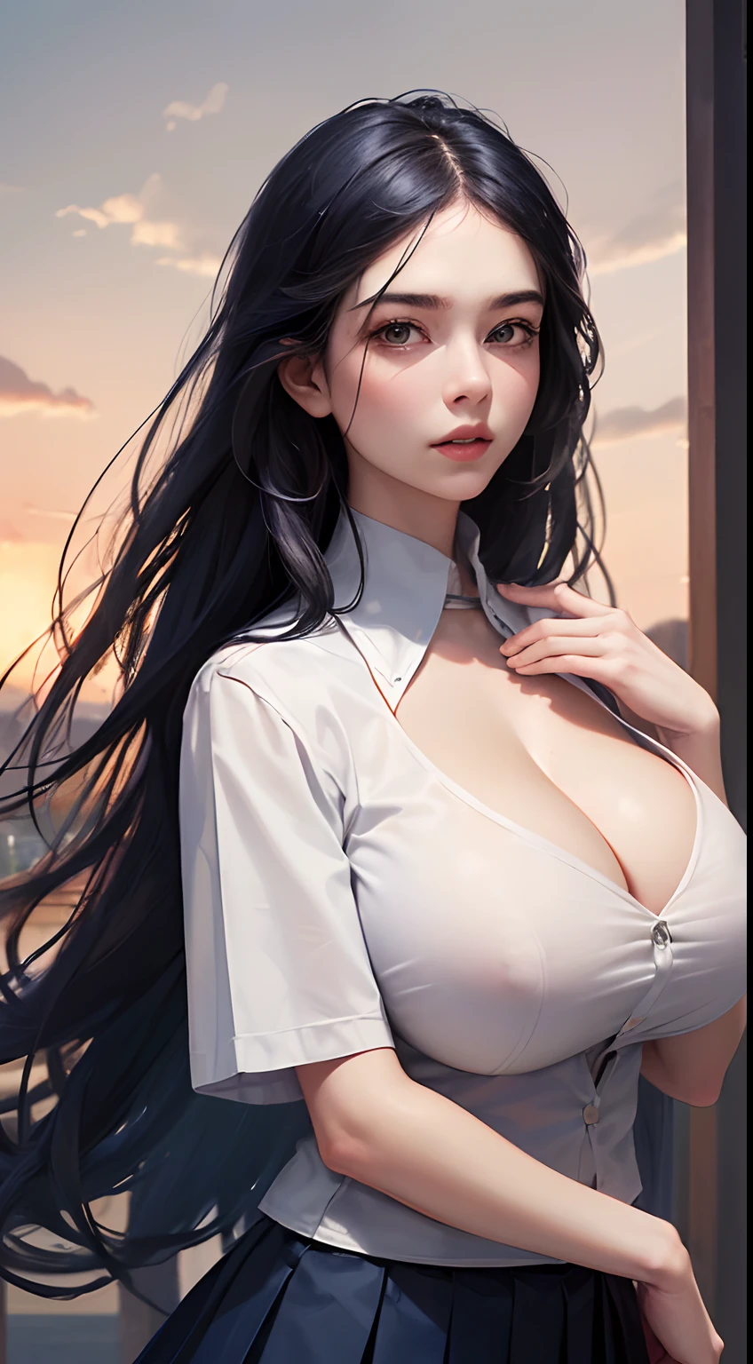 (Extremely detailed CG:1.2), (Masterpiece:1.2), (Best quality:1.2),,((absurderes)),view the viewer,full bodyesbian, ,(1girll),Solo,(Long hair),(mathayom uniform),(white shirt short sleeves),(Navy_Blue pleated skirt),(Long skirt),Dynamic Angle,standing,Dynamic pose,((Delicate facial features)),, ((huge tit，gigantic cleavage breasts))