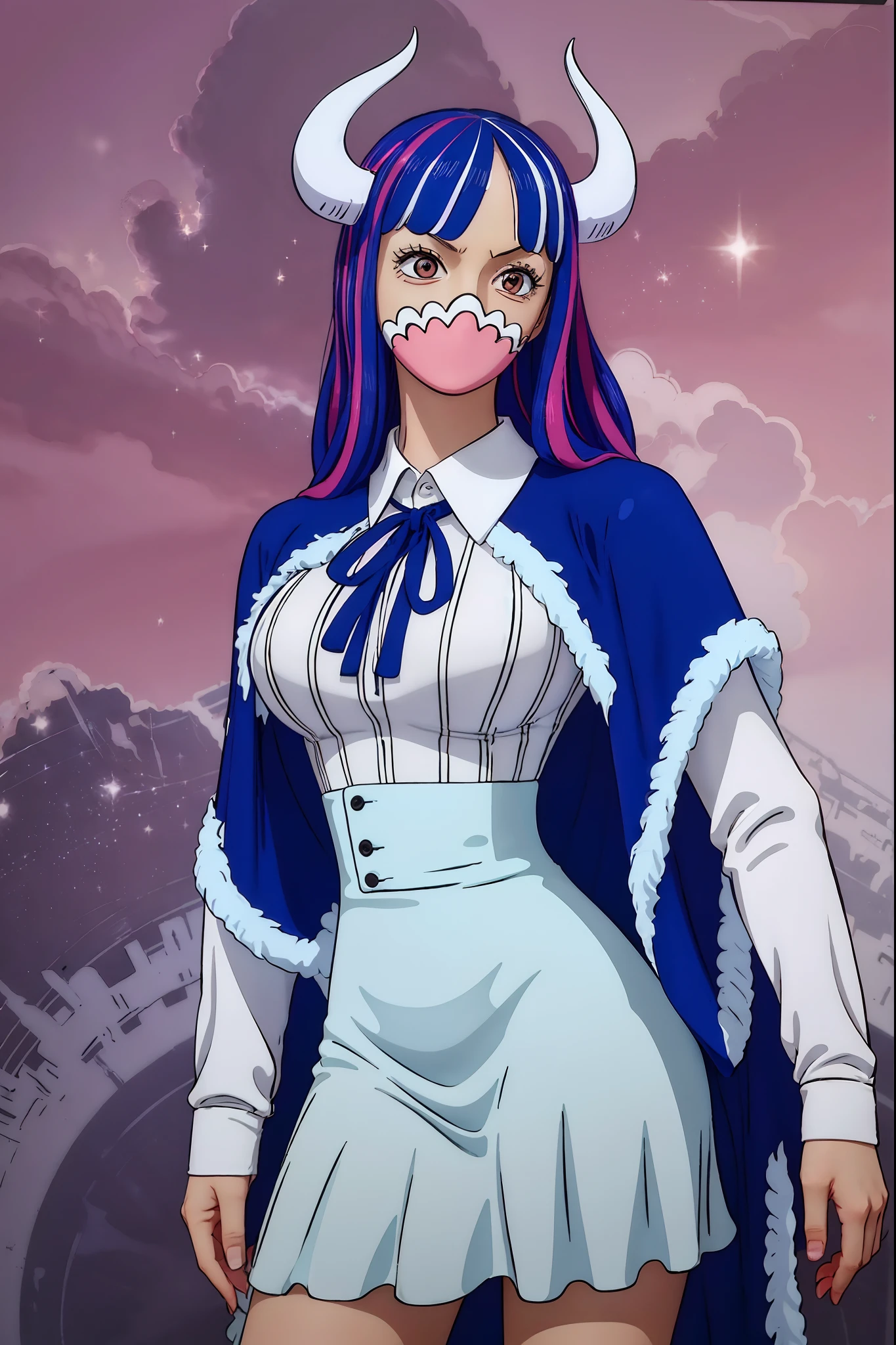 Ulti from One Piece, solo, simple background, gradient top to bottom blue to pink background, wearing a long-sleeved minidress that is white and pleated above the waist, with a blue bow below a point collar, darker-blue cape trimmed with light-blue fur on its edges, and red high heels, masterpiece, best quality, highly detailed.