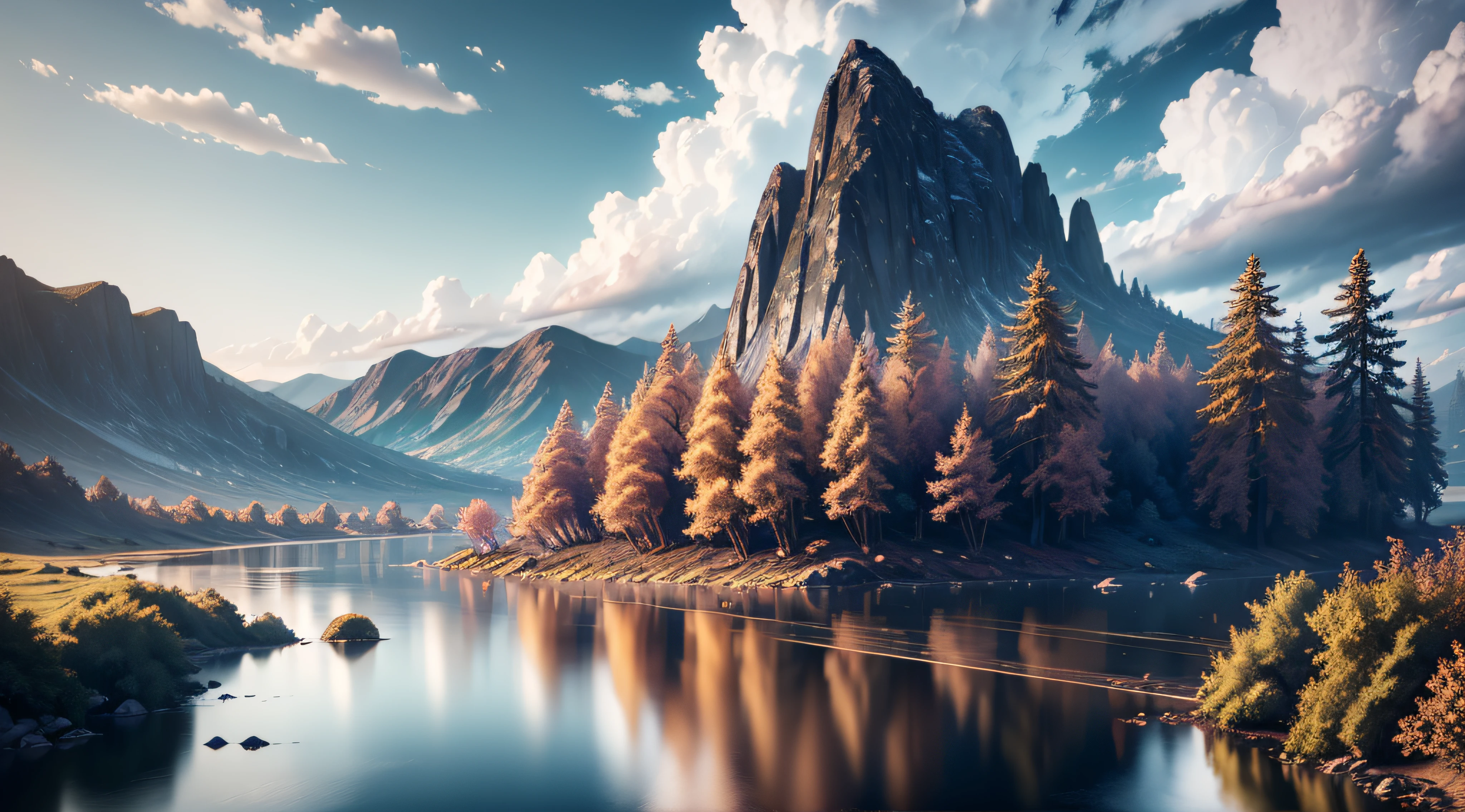 Masterpiece, Best quality, High quality, Extremely detailed Cg Unity 8K wallpaper, scenery, Outdoors, sky, Cloud, day, No Man, Mountain, landscape, water, tree, Blue sky, waterfallr, cliff, Nature, Lake, River, Cloudy sky,award winning photography, Bokeh, Depth of field, hdr, full bloom, color difference ,Photorealistic,Extremely detailed, trending on artstationh, trending on CGSociety, Intricate, High detail, Dramatic, art by midjourney --auto