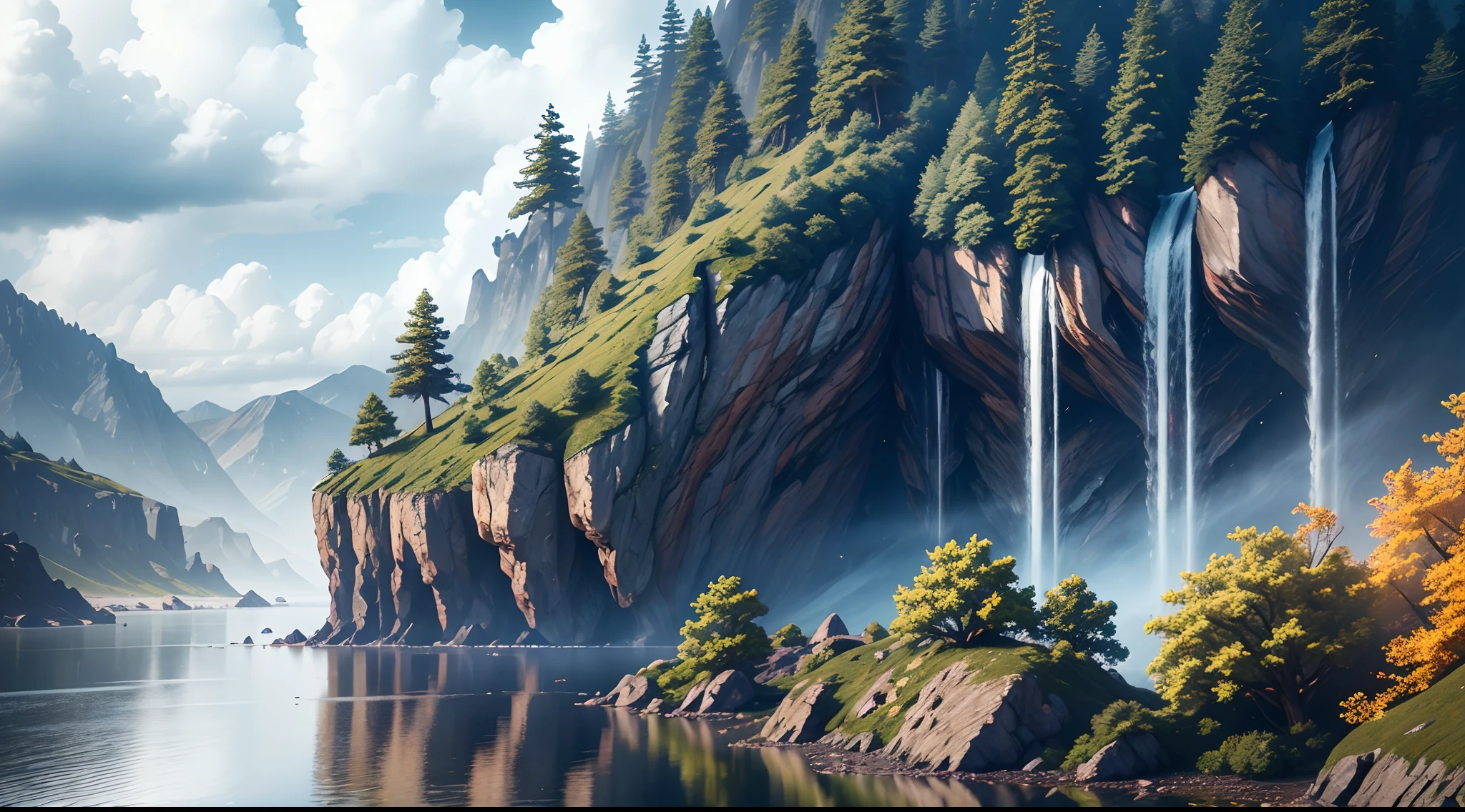 Masterpiece, Best quality, High quality, Extremely detailed Cg Unity 8K wallpaper, scenery, Outdoors, sky, Cloud, day, No Man, Mountain, landscape, water, tree, Blue sky, waterfallr, cliff, Nature, Lake, River, Cloudy sky,award winning photography, Bokeh, Depth of field, hdr, full bloom, color difference ,Photorealistic,Extremely detailed, trending on artstationh, trending on CGSociety, Intricate, High detail, Dramatic, art by midjourney --auto