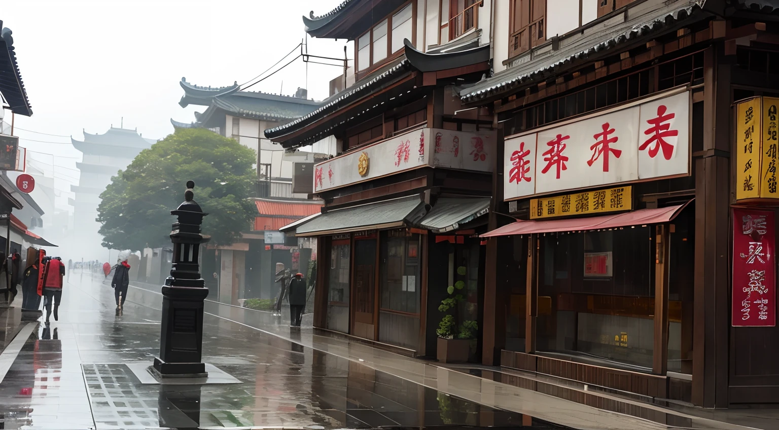 A chinses street while raining, statue of kistune