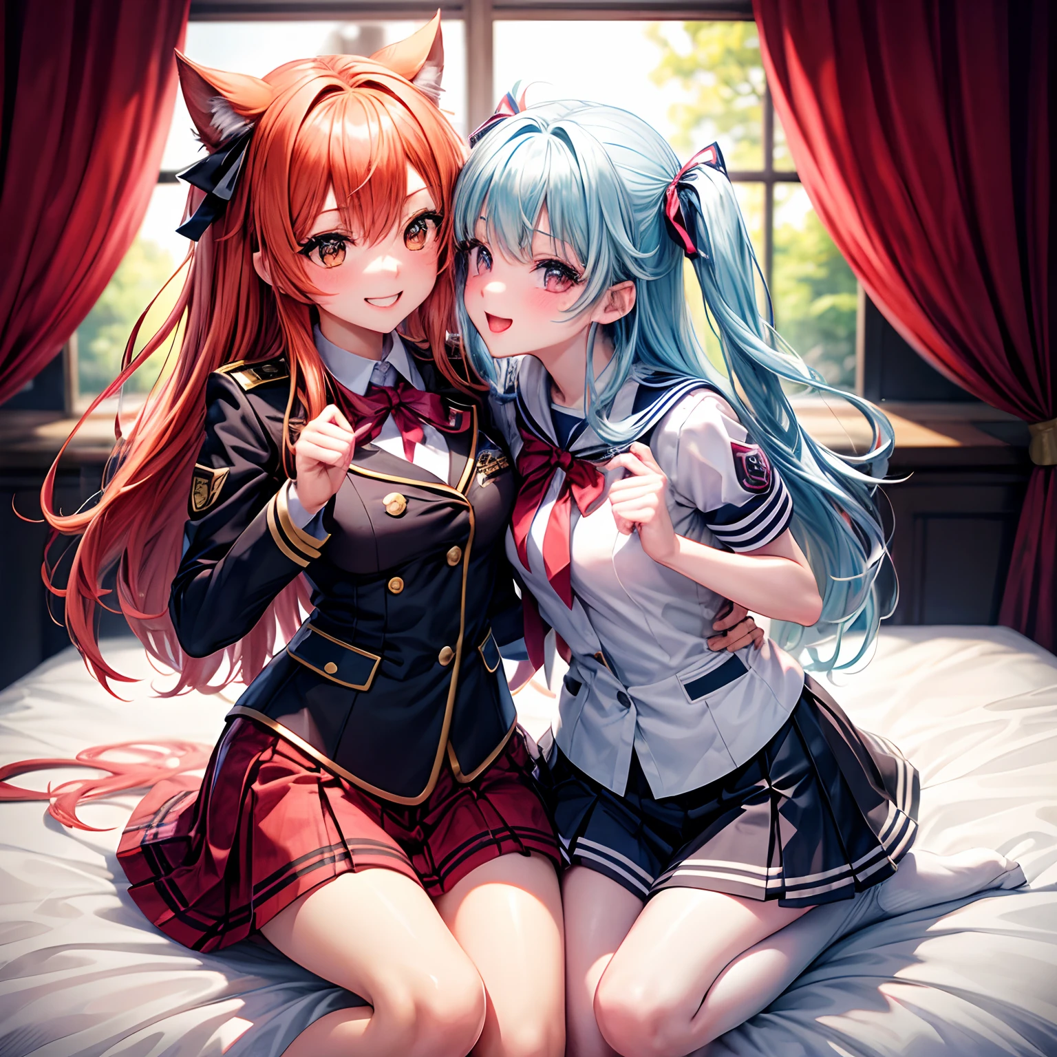 Engage Kiss，kisara，a beauty girl，Multicolored hair，Cute uniform，smil，Ribbon on uniform，a bed，beautiful a girl，yandere，possessive case，Perfect Beautiful Girl，超A high resolution，​masterpiece，Happy beautiful girl，