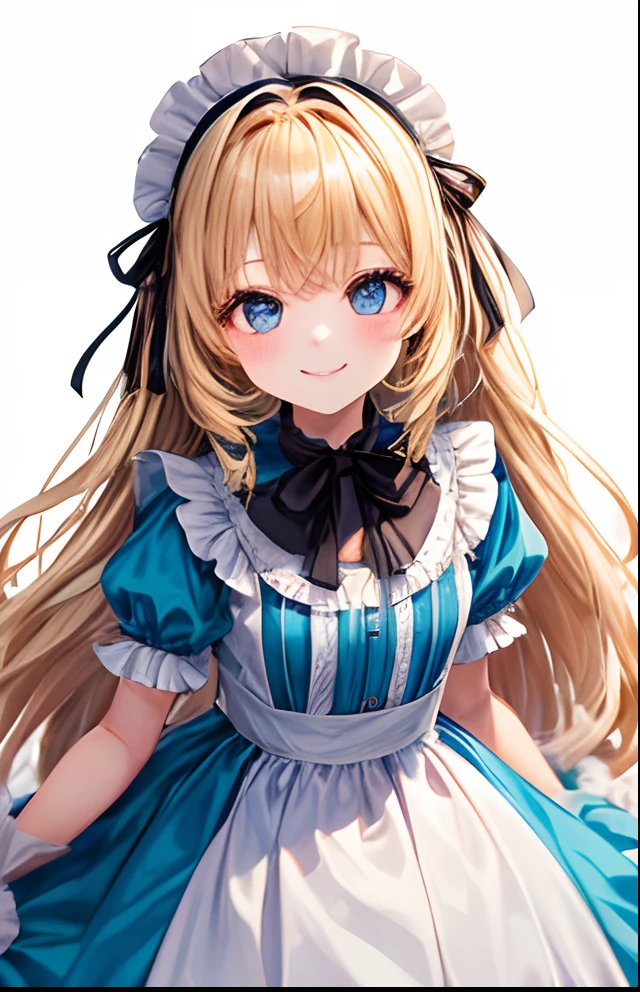 girl with、No background、without background、Background through、Golden head hair、a blond、Twin-tailed、Two knots、a black ribbon、Black headband、Sareme、Sauce eyebrows、Alice in Wonderland、Light blue and white dress、Hareful、A smile、kawaii、