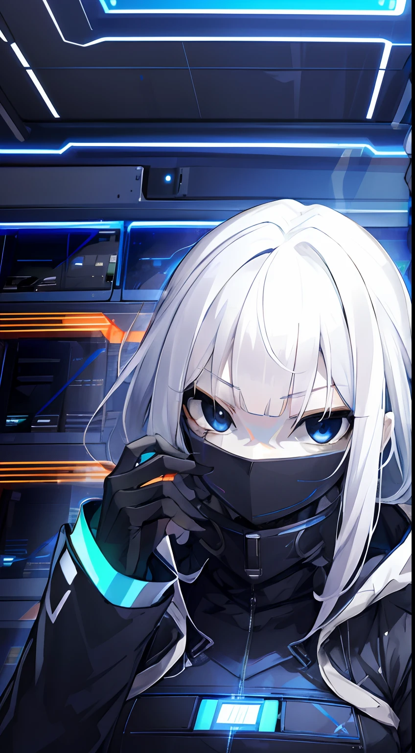 (absurdres, highres, ultra detailed), 1woman, mature female, aged up, wavy long hair, white hair, black eyes, bangs, long sleeves, finely detailed eyes and detailed face, extremely detailed CG unity 8k wallpaper, intricate details, portrait, looking at viewer, solo, (full body:0.6), detailed background, detailed face, (matrix theme:1.1) evil high-tech futuristic hacker,  advanced technology, hoodie, techwear, wearable device, keycard, cables, head-up display, blue (holographic display:1.05), access granted,   cybersecurity, server room in background, orange lights,  dark sinister atmosphere, , portrait, wind swirling