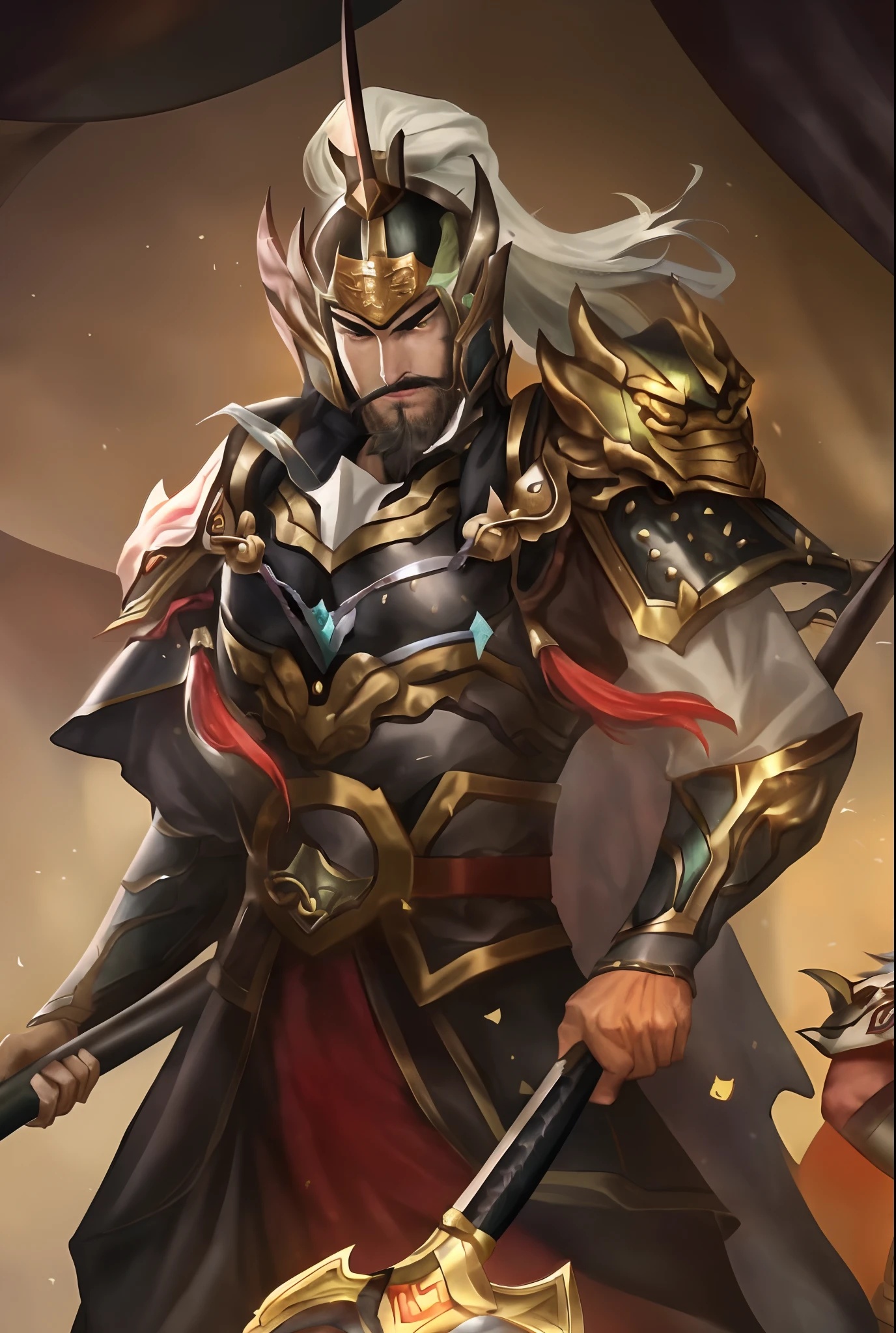 a close up of a person holding a sword and a sword, Inspired by Huang Shen, Guan yu, inspired by Li Kan, Inspired by Hu Zaobin, inspired by Huang Ding, zhao yun, inspired by Park Hua, heise jinyao, Inspired by Shen Zhou, inspired by Wu Bin, inspired by Yang Jin, inspired by Fan Kuan, bian lian