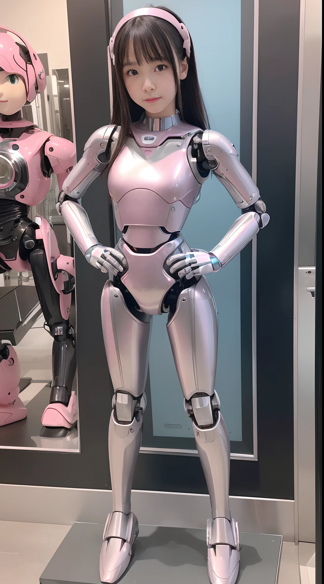 (Photorealistic: 1.4), 1 girl, (Best Quality), (Ultra-detailed face), (ultra-well-formed face), ((Robot Parts)), (robot girl), (pink there), (Silver), (metallic body), (full body), (Moe Pose), (Slender body),  (Model body type), (mechanical exposure), (Akihabara), (looking in camera), (Black hair), (Well-proportioned girl), (a small face), (a small head), (well-groomed fingers) , (Idol), (front facing), (Standing with legs open), (hands on hips), (Photo session), (sad), (The perfect mechanical body), (The perfect robot girl)