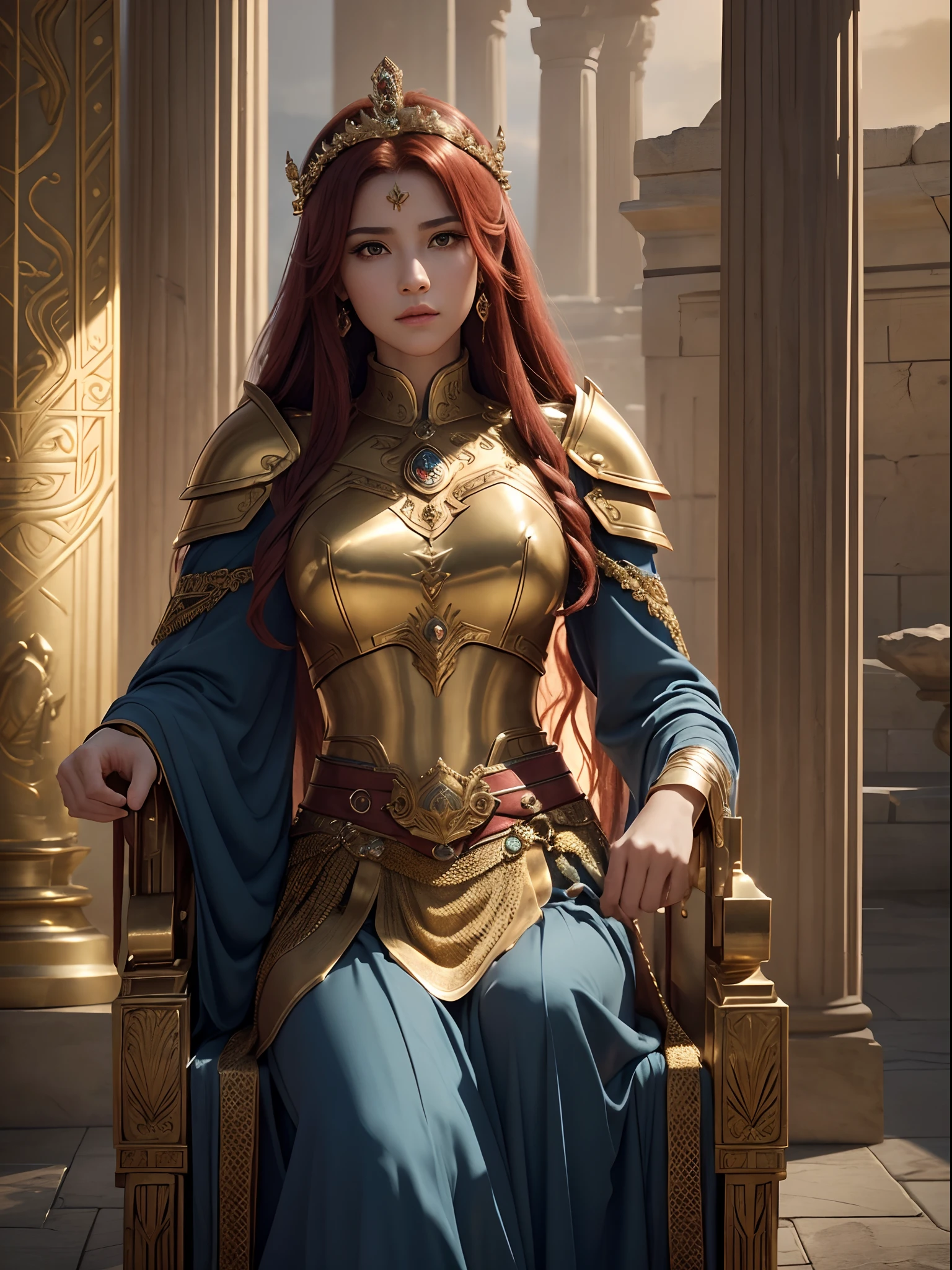Fantasia、Babylonia、Ancient temples、Best Quality, Very high resolution, 4K Detail CG, master piece、aesthetics、Mysterious、Queen of Thrones、charisma、Ishtar, Goddess of War、Increase your fighting spirit、Invincible Great General、Be brave and bold、Brave、resolute、rigor、Awe-inspiring Hall々、glorias、honor、Veteran Hero、Extraordinary beauty、Guardians of Lions、refinement、noble、Proud、Wearing noble jewelry、The appearance is golden armor、tall and slender、long red hair、thirds rule、Perfect angle、(((masterpiece)))、(((top-quality)))、((ultra-definition))、(High Definition CG Illustration)、((extremely delicate and beautiful))、Cinematic Light