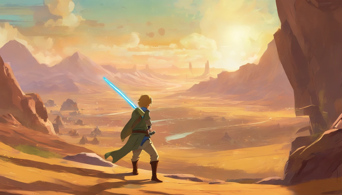 (Link from the legend of Zelda) dressed as (Luke Skywalker from Starwars) , holding a lightsaber running through a Starwars scene, with the clone wars happening in the valley