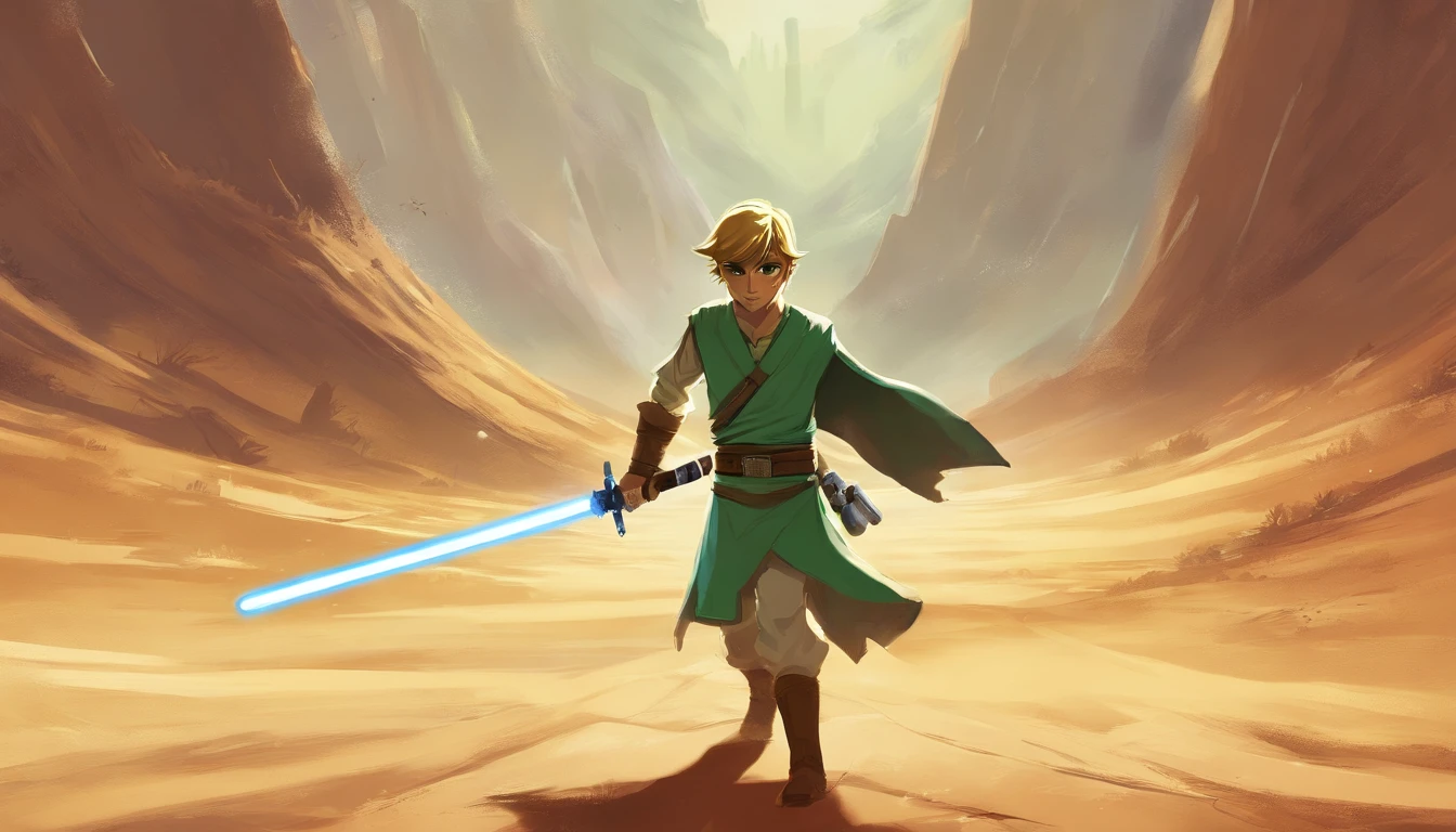 (Link from the legend of Zelda) dressed as (Luke Skywalker from Starwars) , holding a lightsaber running through a Starwars scene, with the clone wars happening in the valley