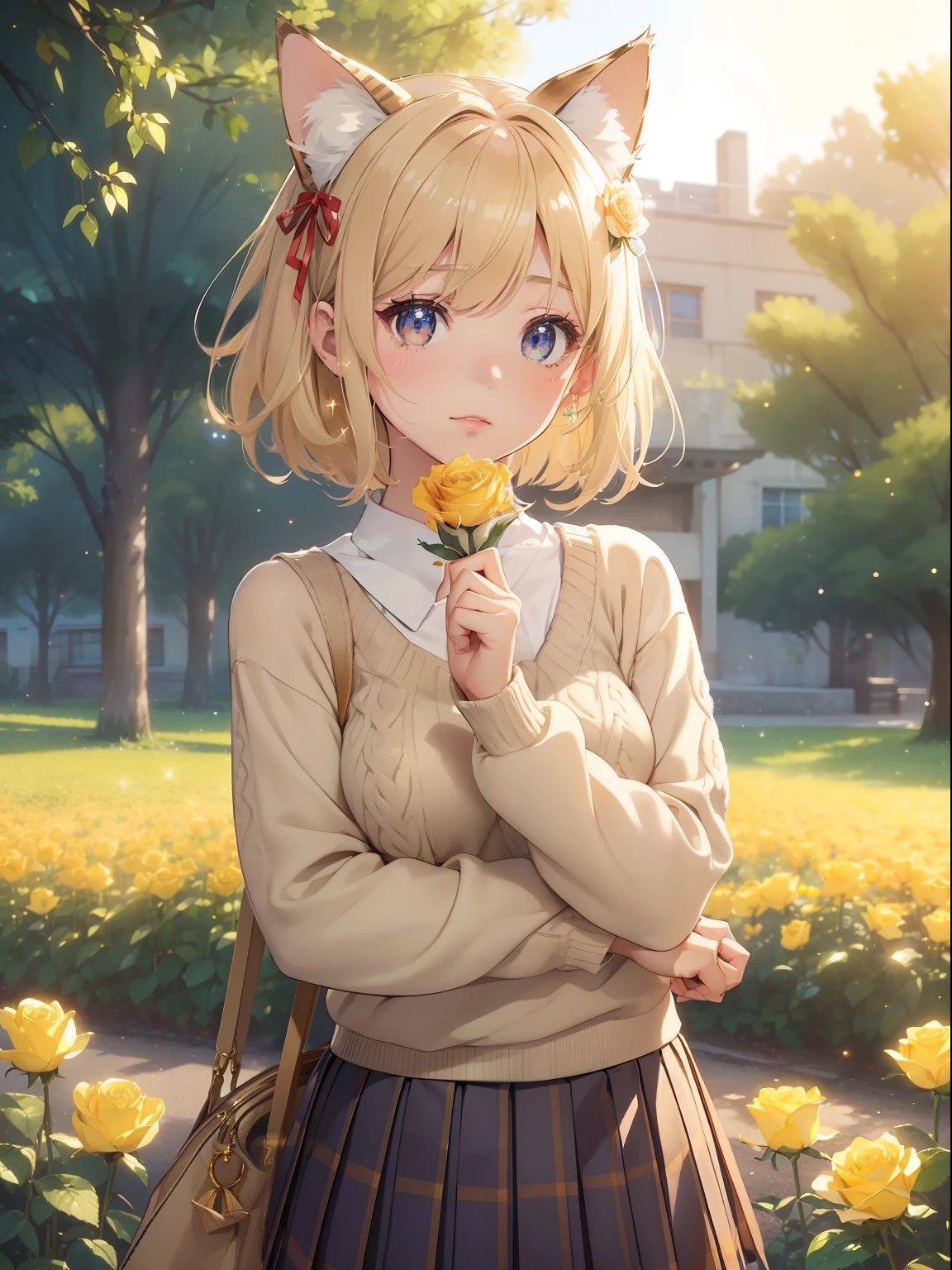masutepiece, High resolution, 8K, anime woman, Delicate and detailed writing 、Detailed digital illustration、Short hair、perm、Shiny hair、Bangs、a very beautiful woman、Eyes are double, Large, Bust is D cup、High image quality, High quality、Detailed background、The inside of the eye shines like a diamond、Light yellow hair、Gradient pupil、(((2 arms、4 fingers, 1 thumb)))、Detailed female face、Very beautiful and cute woman、、细致背景、masterpiece、Soft Focus , Bright gradient watercolor , Lens Flare , (((Glitter))) , Glow , Dreamy , Yellow Ribbon、Very beautiful yellow rose hair accessories、、(School Uniforms:1.2), (wearing a beige knitted sweater over a white shirt,,,,,,:1.3), (Plaid pleated skirt:1.3),(((1girl in,1cat))),(((Cat's ears、Sexy Cat Costumes))),(((Holding a cat)))、(((flower field)))、(((macro face)))