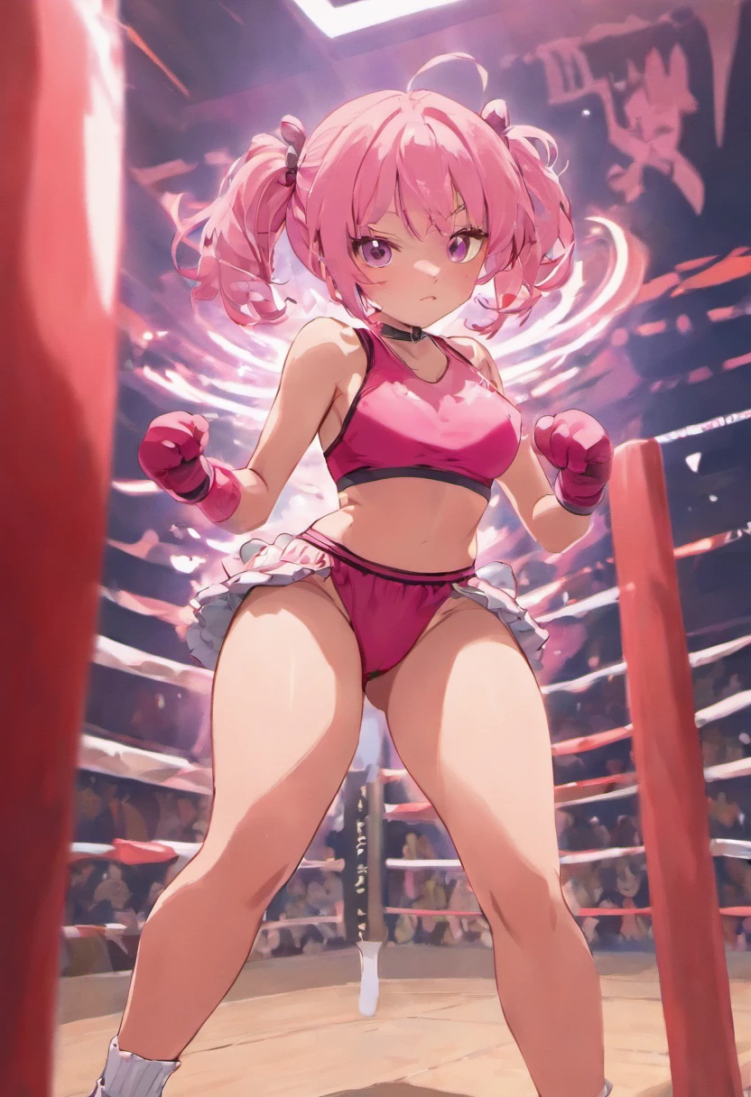 Cute girl with knee high socks with pink boxing gloves belly punch in the corner of the ring