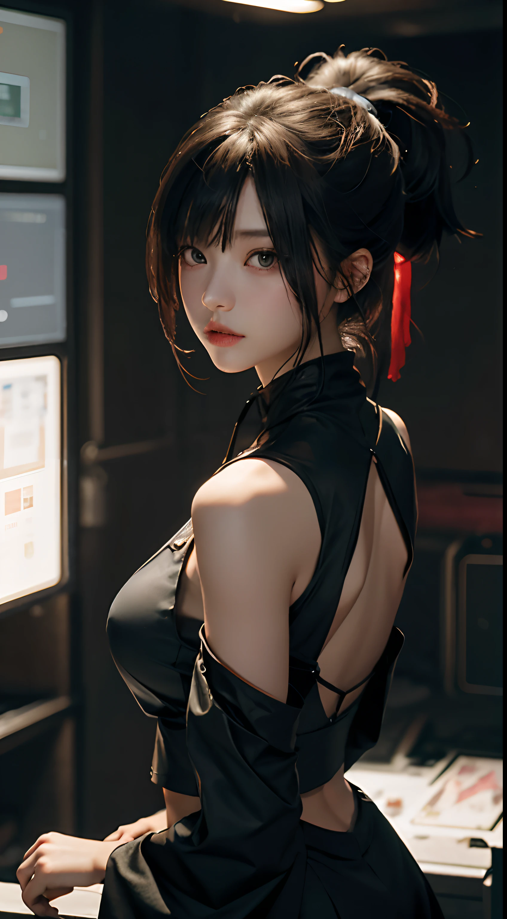 best qualtiy，tmasterpiece，超高分辨率，（Fidelity：1.4），RAW photogr，1 double ponytail，cyber punk perssonage, Best quality at best, The is very detailed, detailed back ground, anime big breast, 1girll, Young girls, Short girl, love heart，cropped shoulders，cinmatic lighting。