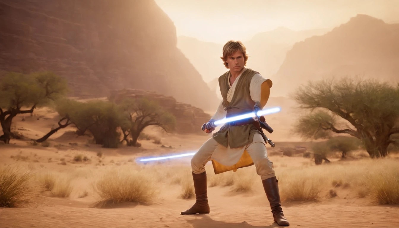 (Link from the legend of Zelda) dressed as (Luke Skywalker from Starwars) , holding a lightsaber running through a Starwars scene, with the clone wars happening in the valley