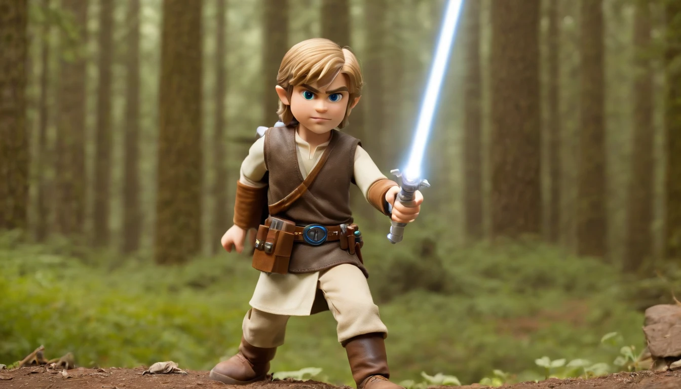 (Link from the legend of Zelda) dressed as (Luke Skywalker from Starwars) , holding a lightsaber running through a Starwars scene, with the clone wars happening in the valley