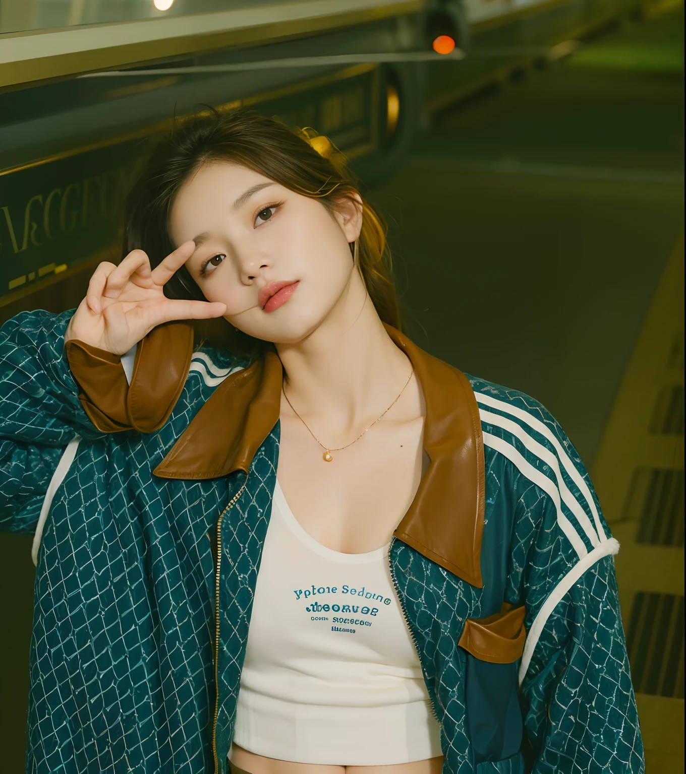 There was a woman in a brown jacket and a blue shirt, Soft portrait shot 8 K, bae suzy, Choi Hyun-hwa, close-up portrait film still, iu lee ji-eun as a super villain, close - up portrait shot, chiho, mid shot portrait, a close up portrait photo, lofi portrait, portrait soft low light,sideface,good eyes,Good nose,