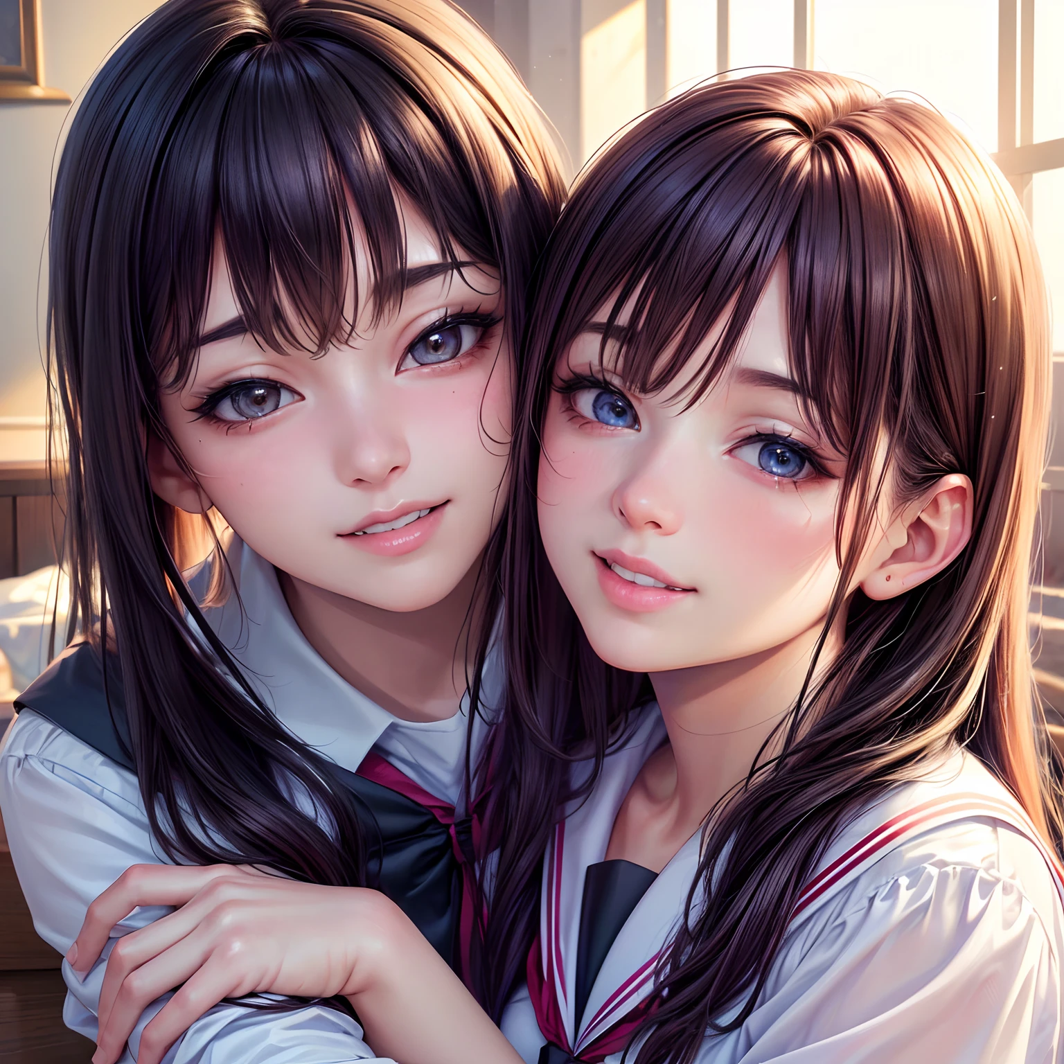 (best quality,4k,8k,highres,masterpiece:1.2),ultra-detailed,(realistic,photorealistic,photo-realistic:1.37),colorful hair,engaging kiss,Kisara,cute uniform,smiling,beautiful girl, yandere, possessiveness, perfect beauty,bed,happy beautiful girl
