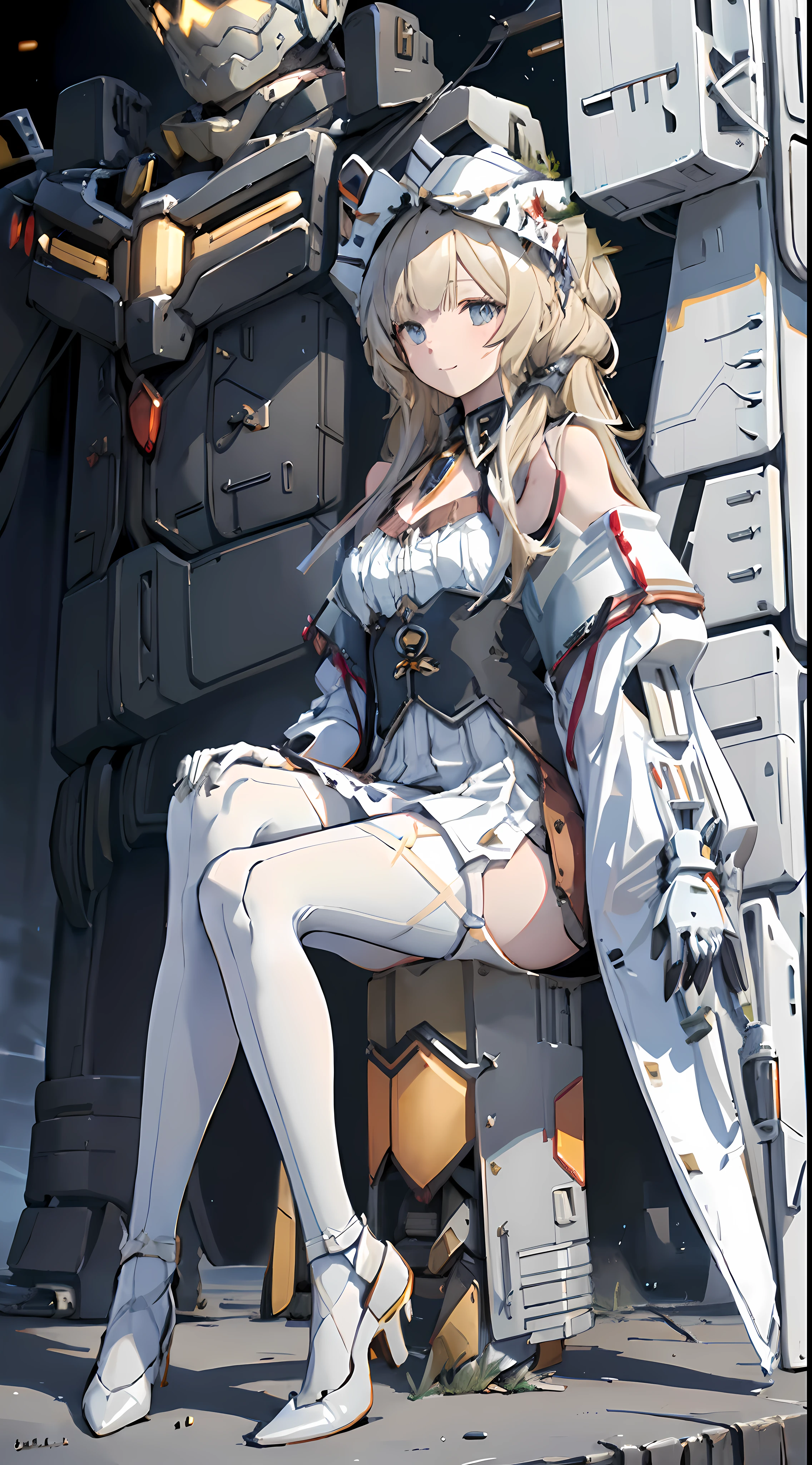 1girll,sandrone， Blonde hair, Light smile, Hat,(((Sitting))),(((Facial features of the Prairie Blade)))，((Solo girl)),(((white stockings)))，(((Black heels)))，(((Huge battle robots are being controlled)))，(((A sense of future technology)))