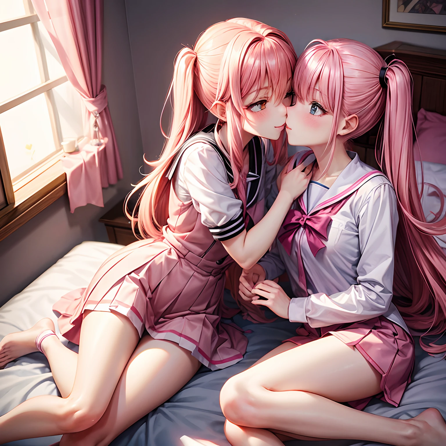 Engage Kiss，kisara，a beauty girl，Pink hair，Cute uniform，smil，a bed，beautiful a girl，yandere，possessive case，Perfect Beautiful Girl，超A high resolution，​masterpiece，long，Happy beautiful girl