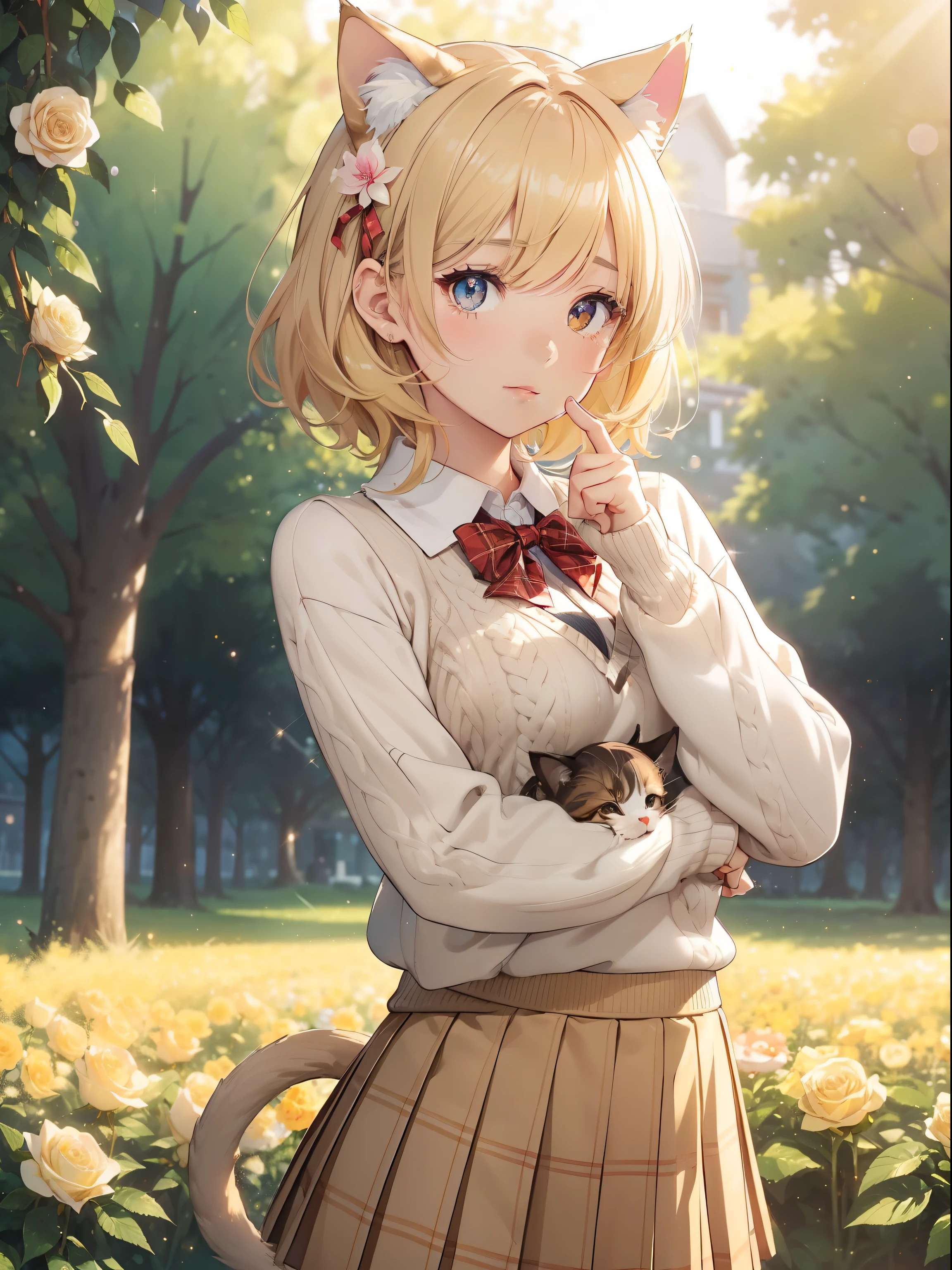 masutepiece, High resolution, 8K, anime woman, Delicate and detailed writing 、Detailed digital illustration、Short hair、perm、Shiny hair、Bangs、a very beautiful woman、Eyes are double, Large, Bust is D cup、High image quality, High quality、Detailed background、The inside of the eye shines like a diamond、Light yellow hair、Gradient pupil、(((2 arms、4 fingers, 1 thumb)))、Detailed female face、Very beautiful and cute woman、、细致背景、​masterpiece、Soft Focus , Bright gradient watercolor , Lens Flare , (((Glitter))) , Glow , Dreamy , Yellow Ribbon、Very beautiful yellow rose hair accessories、、(School Uniforms:1.2), (wearing a beige knitted sweater over a white shirt,,,,,,:1.3), (Plaid pleated skirt:1.3),(((1girl in,1cat))),(((Cat's ears、Sexy Cat Costumes))),(((Holding a cat)))､(((flower  field)))､(((macro face)))