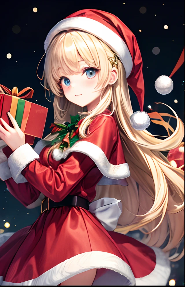 girl with、No background、without background、Background through、Twin-tailed、Two knots、White blonde、beret、bow ribbon、Christmas、present、santa claus、Red dress、kawaii