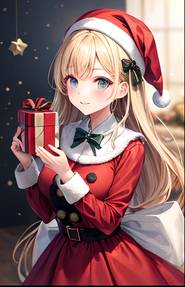 girl with、No background、without background、Background through、Twin-tailed、Two knots、White blonde、beret、bow ribbon、Christmas、present、santa claus、Red dress、kawaii