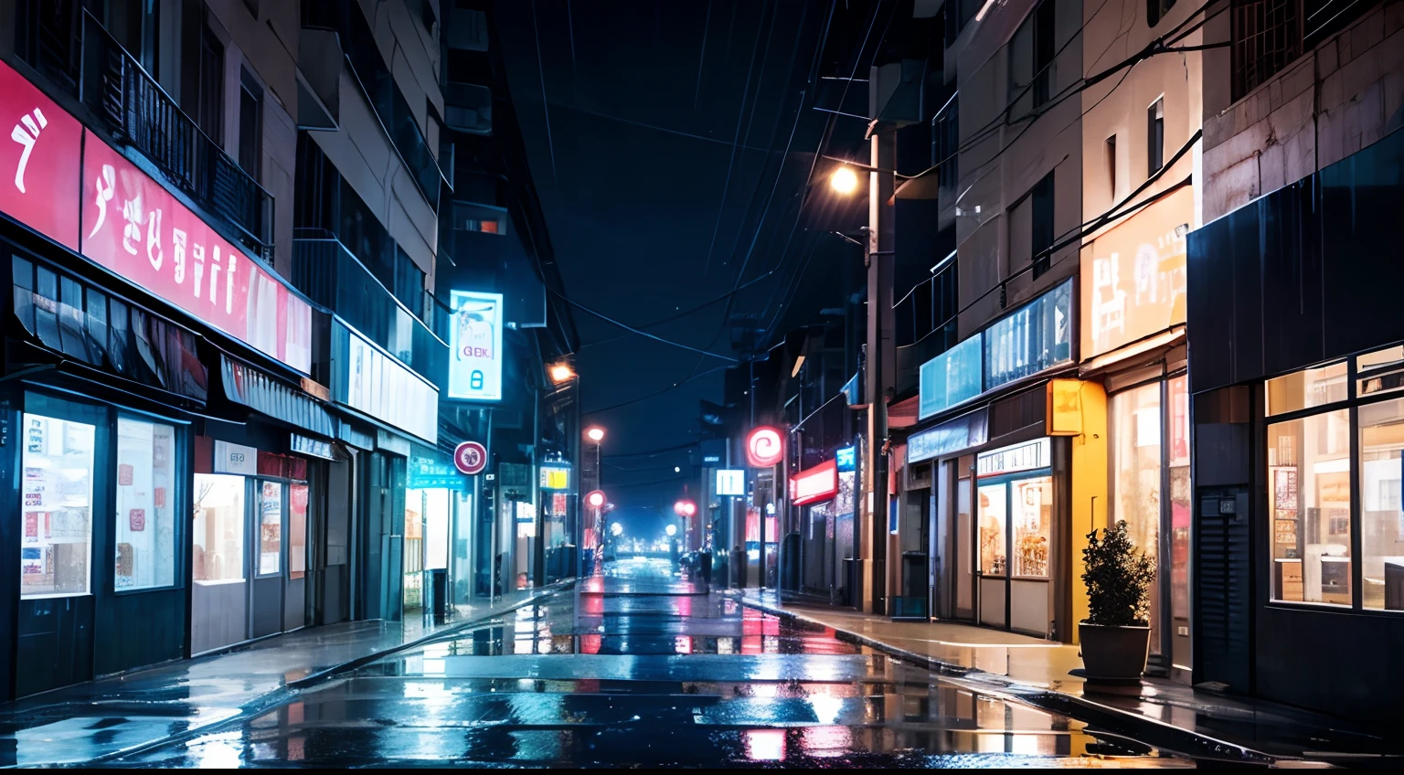 City street, large empty concrete buildings, nighttime, raining heavily