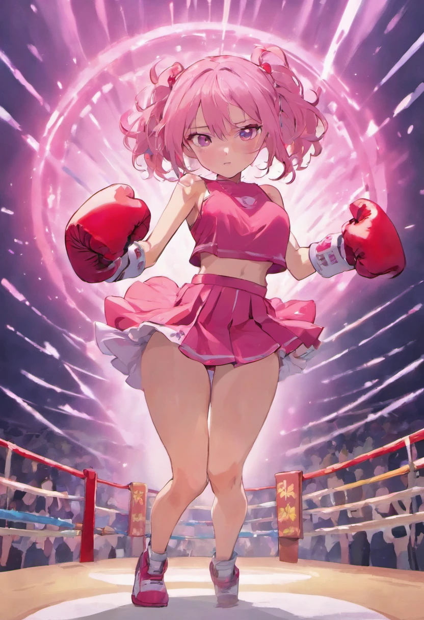 Cute thin and skinny girl with skirt pink boxing gloves belly punch in the corner of the ring