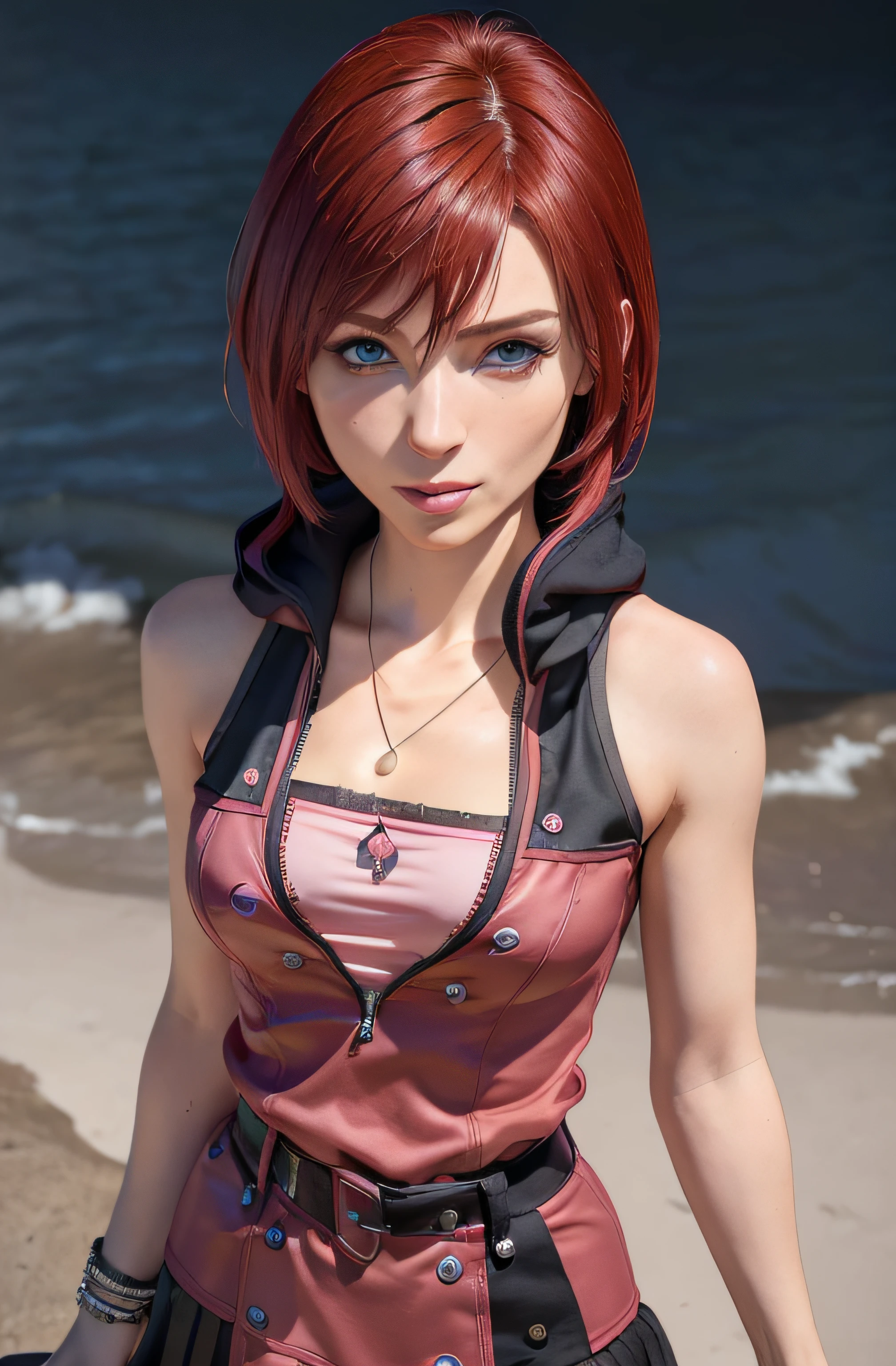 high quality fingers, normal hands, detailed fingers,masterpiece, (realistic, photo-realistic:1.37), (22 years old woman), katarina from league of legends, medium breast, small waist, dark red hair, blue eyes, beautiful face, perfect illumination, beautiful detailed eyes,looking at viewer, stunningly beautiful woman, detailed hairstyle, detailed background,shorts, detailed fantasy background, (sweat:1), cckairi, medium hair, necklace, bare shoulders, hoodie, buttons, sleeveless, bracelet, belt buckle, black belt, pink skirt