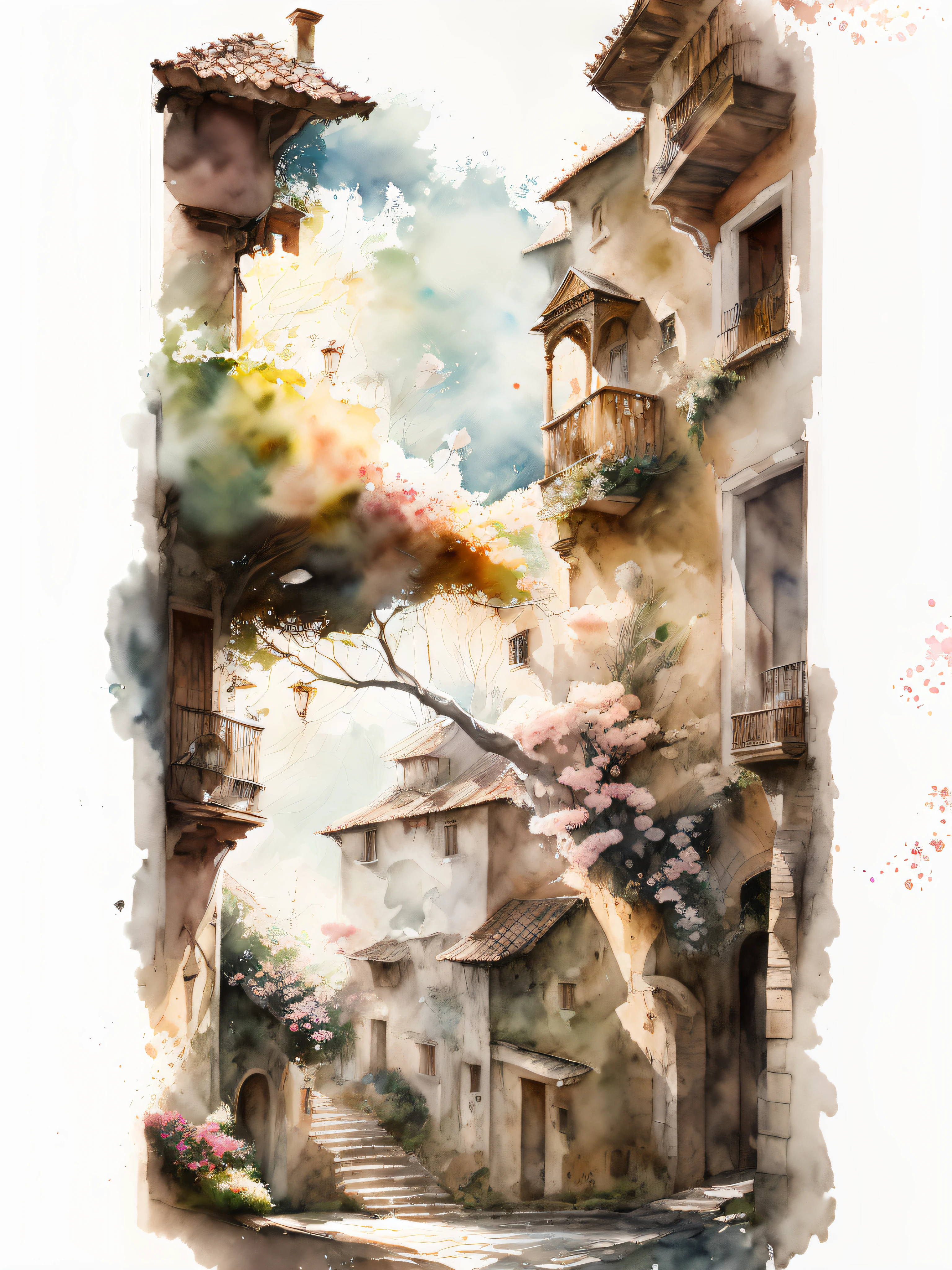 (estilo aquarela, Arte Espectral) + Vista (A begonia tree in the background, vento e chuva e flores caindo em todos os lugares, Begonia flowers falling, flores chovendo em todos os lugares, beautiful depiction, beautiful composition) (ricas cores lindas ao longe) + (respingos de manchas) + (Clear light and dynamic shadow flickering), de cima, lente grande-angular