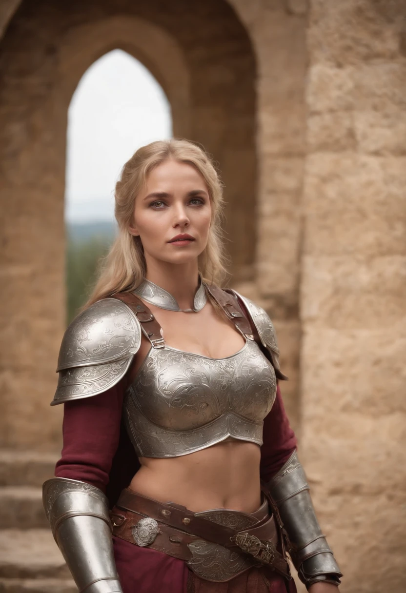 Apenas a [1 woman] , sex, blonde hair, giant chest, (chiselled abdomen), (dark skin), ( armor), inside a castle