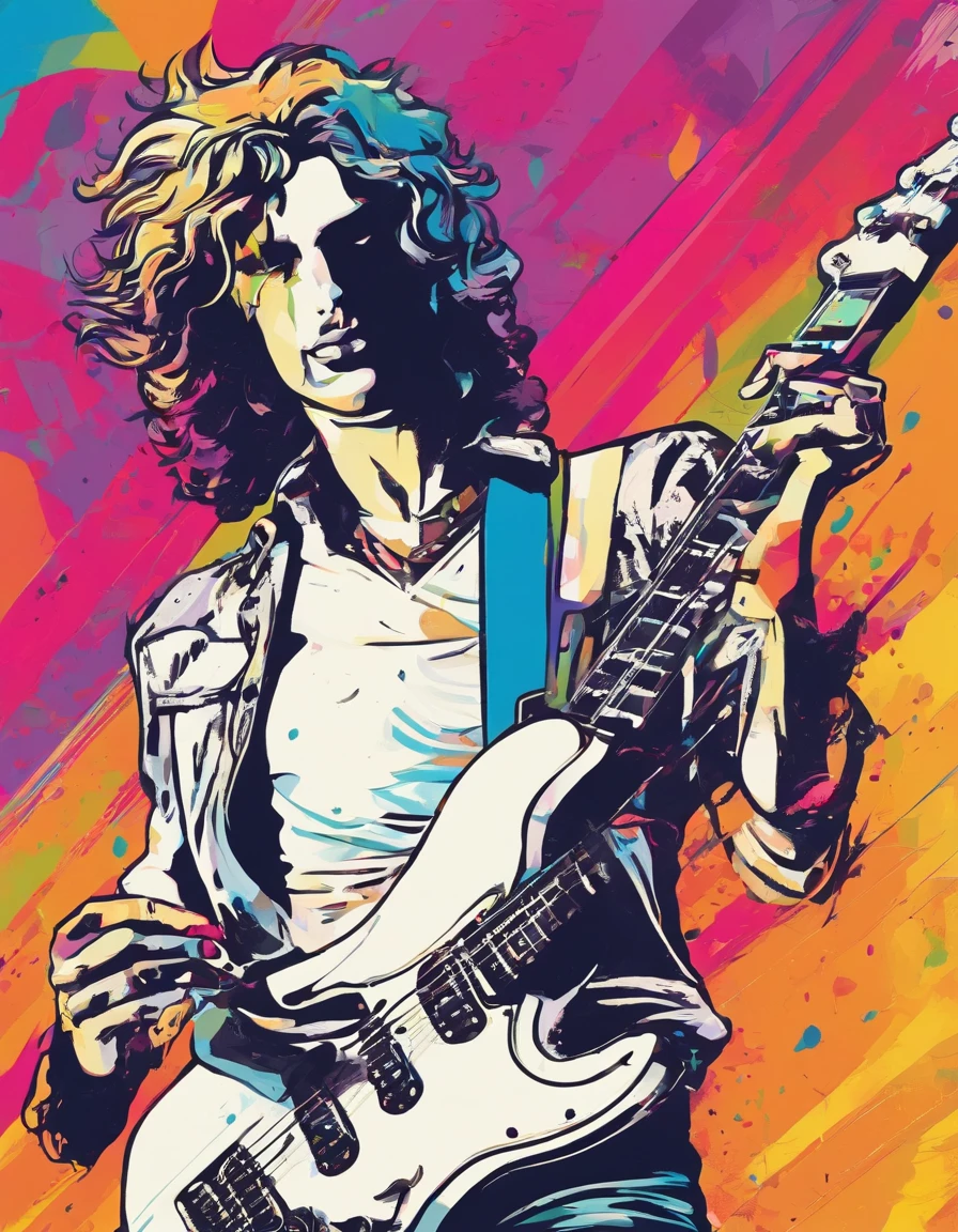 Banda de Rock. Guitarrista Branco, Fino, Cabelos pretos e muito compridos, In love with his black and white electric guitar. Tocando em um palco profissional com luzes, nevoeiro, Telas e pirotecnia. super realista , profesional lighting,