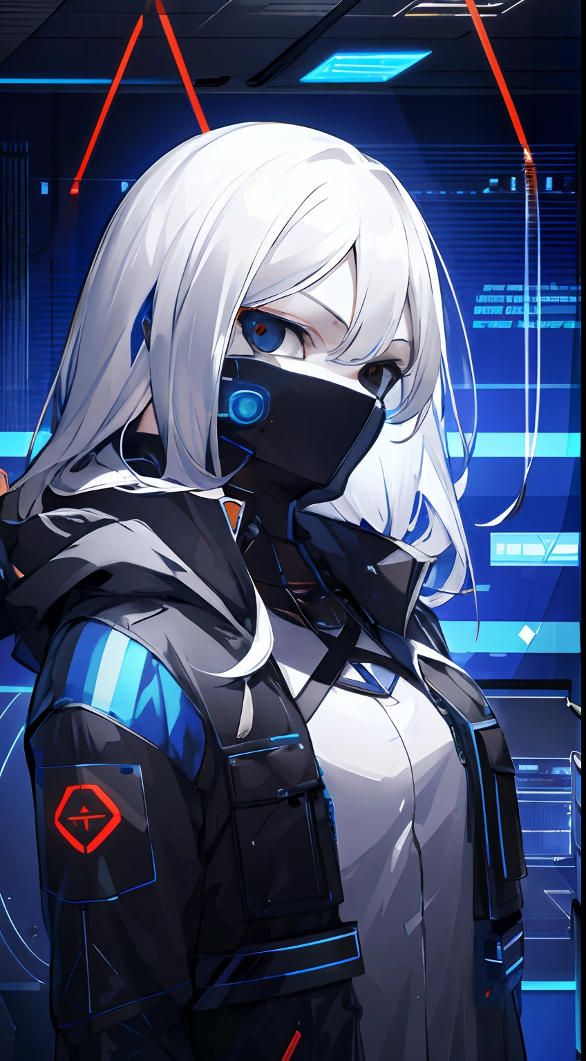 (absurdres, highres, ultra detailed), 1woman, mature female, aged up, wavy long hair, white hair, black eyes, bangs, long sleeves, finely detailed eyes and detailed face, extremely detailed CG unity 8k wallpaper, intricate details, portrait, looking at viewer, solo, (full body:0.6), detailed background, detailed face, (matrix theme:1.1) evil high-tech futuristic hacker,  advanced technology, hoodie, techwear, wearable device, keycard, cables, head-up display, blue (holographic display:1.05), access granted,   cybersecurity, server room in background, orange lights,  dark sinister atmosphere, , portrait, wind swirling