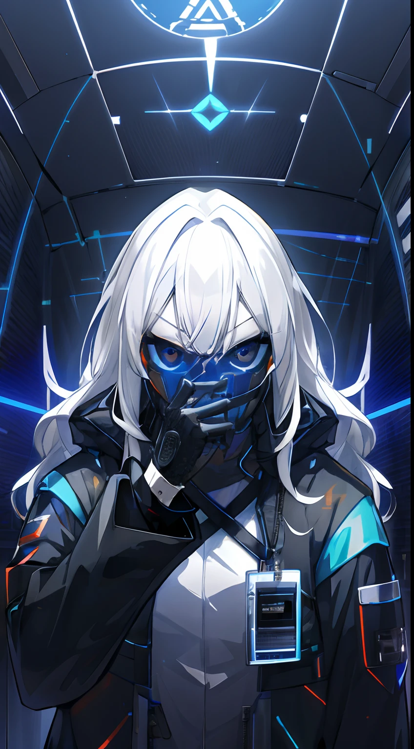 (absurdres, highres, ultra detailed), 1woman, mature female, aged up, wavy long hair, white hair, black eyes, bangs, long sleeves, finely detailed eyes and detailed face, extremely detailed CG unity 8k wallpaper, intricate details, portrait, looking at viewer, solo, (full body:0.6), detailed background, detailed face, (matrix theme:1.1) evil high-tech futuristic hacker,  advanced technology, hoodie, techwear, wearable device, keycard, cables, head-up display, blue (holographic display:1.05), access granted,   cybersecurity, server room in background, orange lights,  dark sinister atmosphere, , portrait, wind swirling