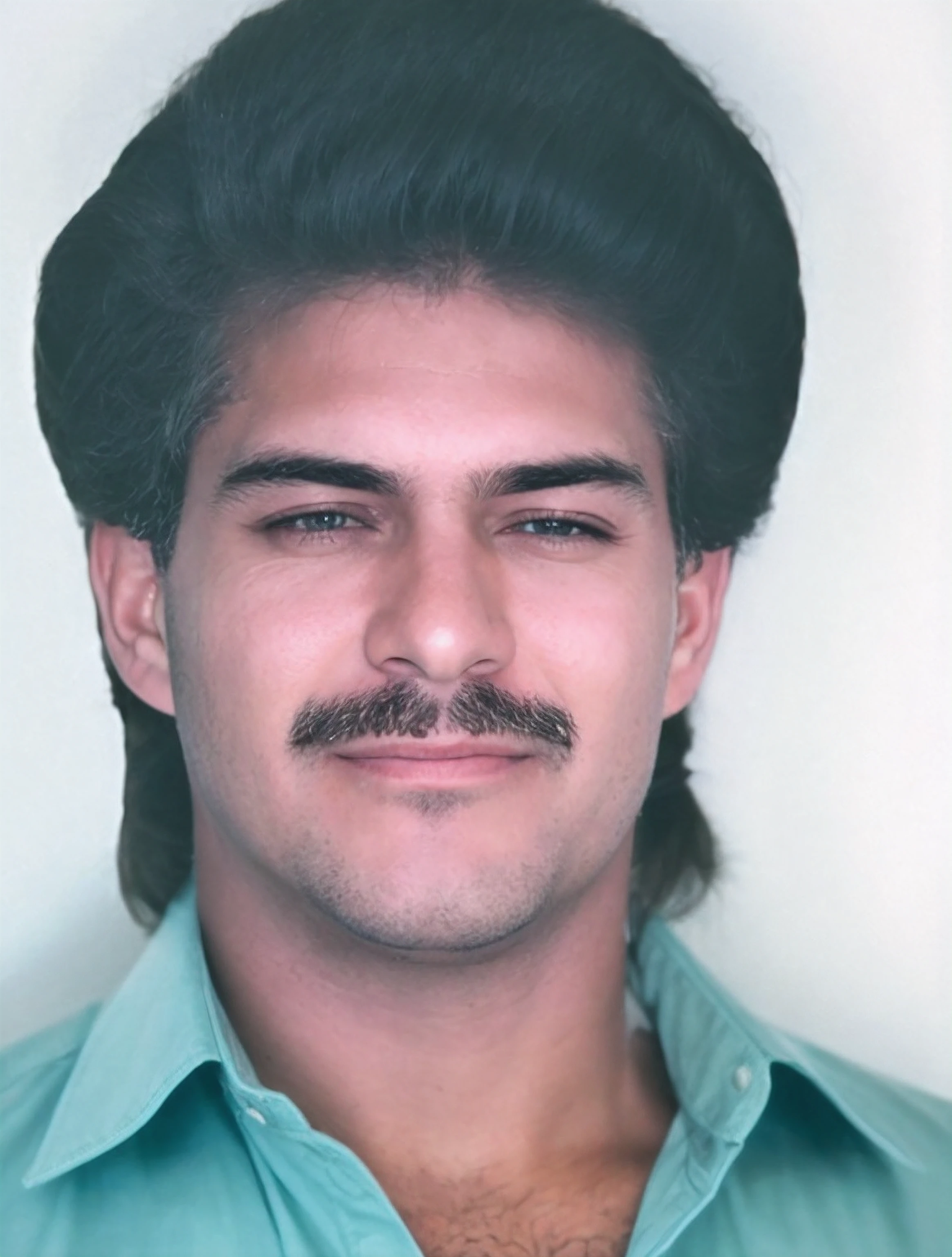 Homem penteado mullet anos 70, cabelo grande preto anos 70, bigode preto, blue shirt with 2 buttons open at the top, alta qualidade, high quality, Ultra detailed, (best quality), (high detailed skin, full sharp:1.2), 8k uhd, dslr, detailed face
