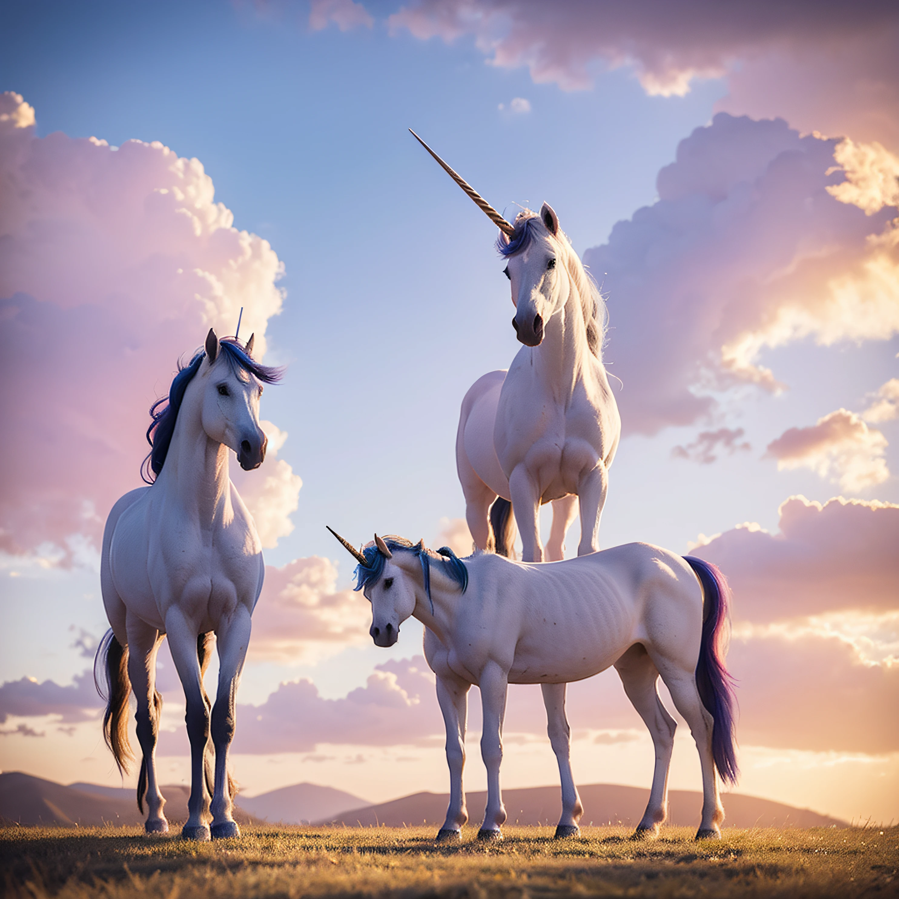Two unicorns standing together，The unicorn is in the middle of the picture，Stand in the sky。Unicorns have wings，In the background are the sky。