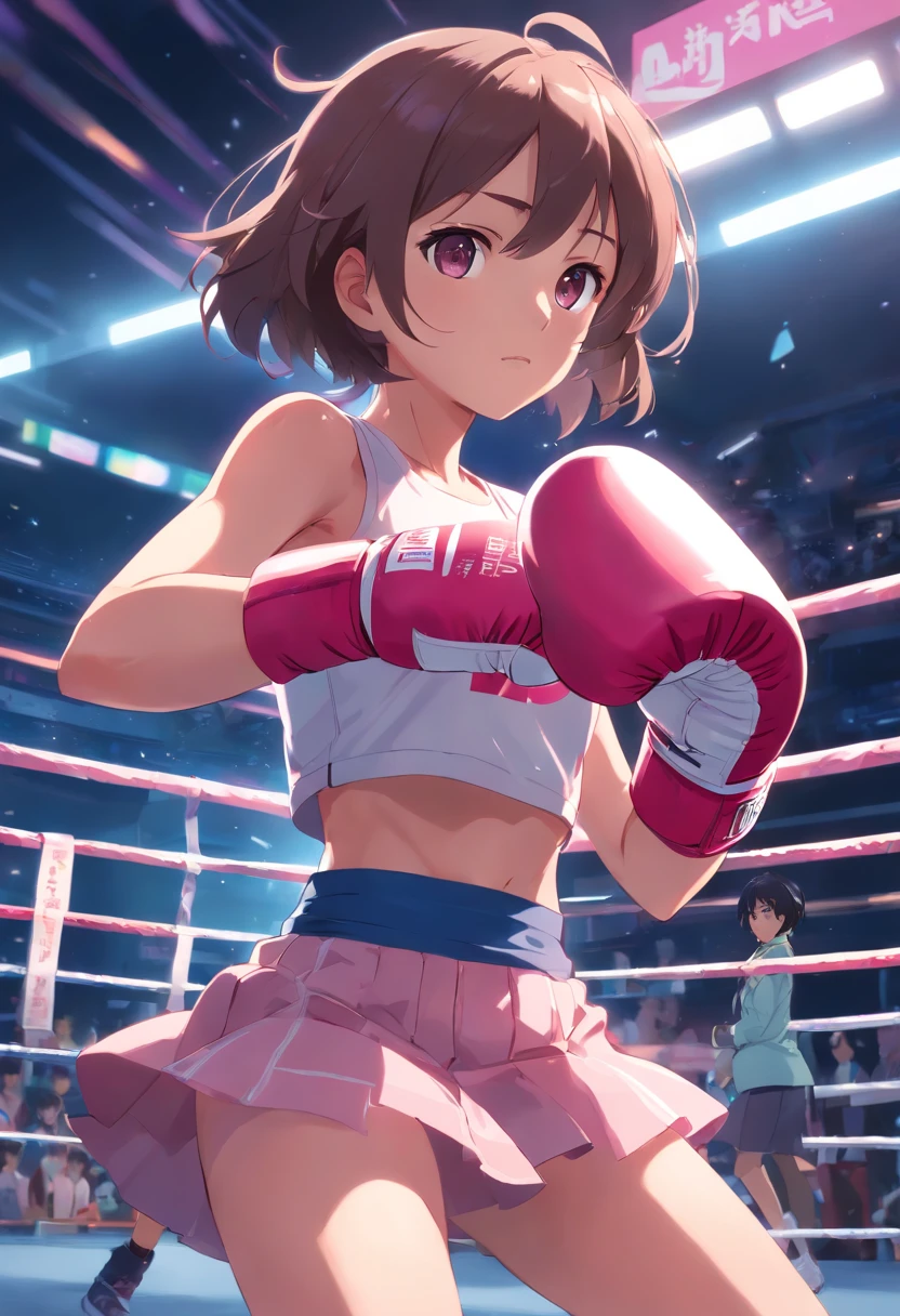 Cute thin and skinny girl with skirt pink boxing gloves belly punch