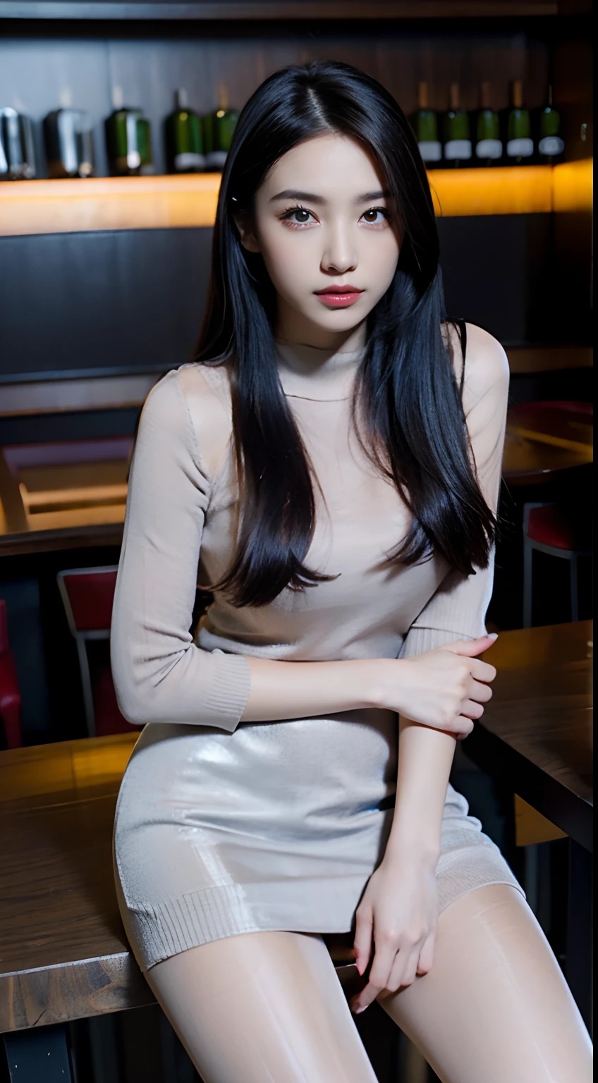 8K, Best quality, Realistic photos, Realistic details, Clear face, Delicate facial features, True skin radiance, A cute girl, Shy, Facing the camera, Girl sitting in a bar,Wear a gray fishnet sweater and fleshy pantyhose, Clear the column background, Sea view, Arms on the bar, Hips, Slim body, Big breasts, 24 years old, Charming, Seductive eyes,high-heels